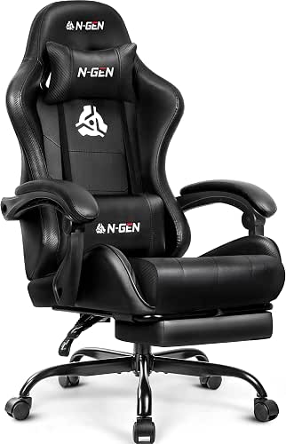 N-GEN GAMING Gaming Chair with Footrest, Lumbar, High-Back, All Black