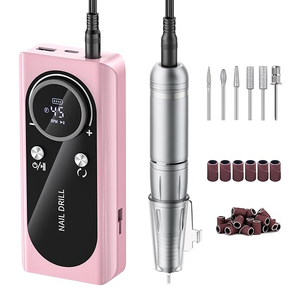 Electric Nail Drill Machine 45,000RPM - Professional Electric and Rechargeable Nail Drill with LCD Display, 6 Bits and 30 Sanding Bands, Low Heat Quiet E-File for Acrylic Gel Nails (Pink)