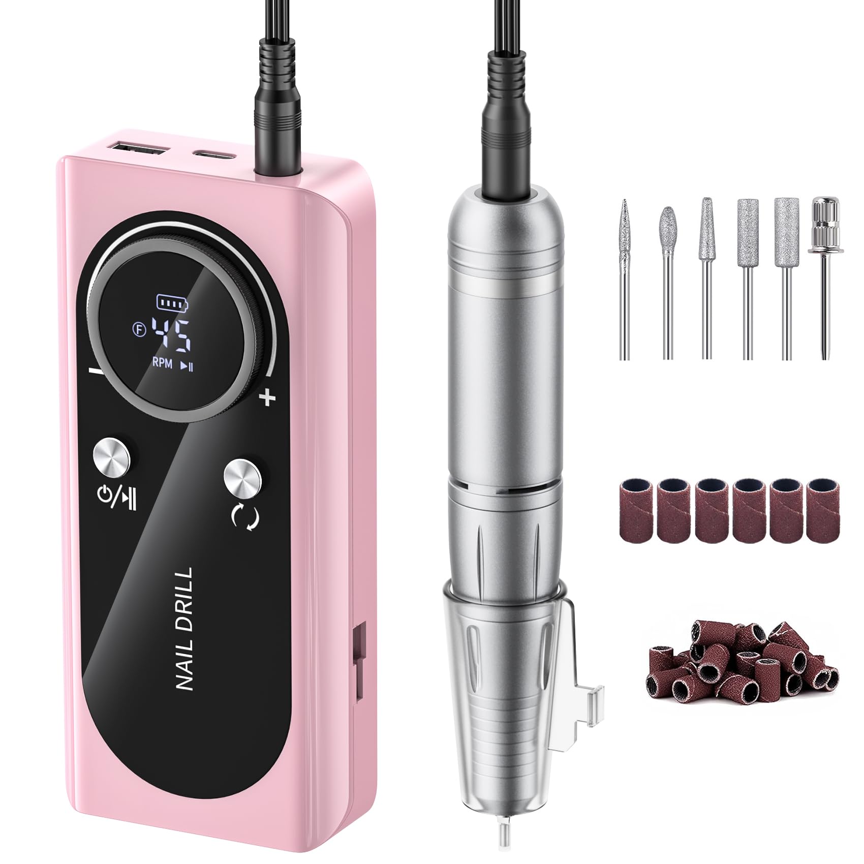 Electric Nail Drill Machine 45,000RPM - Professional Electric and Rechargeable Nail Drill with LCD Display, 6 Bits and 30 Sanding Bands, Low Heat Quiet E-File for Acrylic Gel Nails
