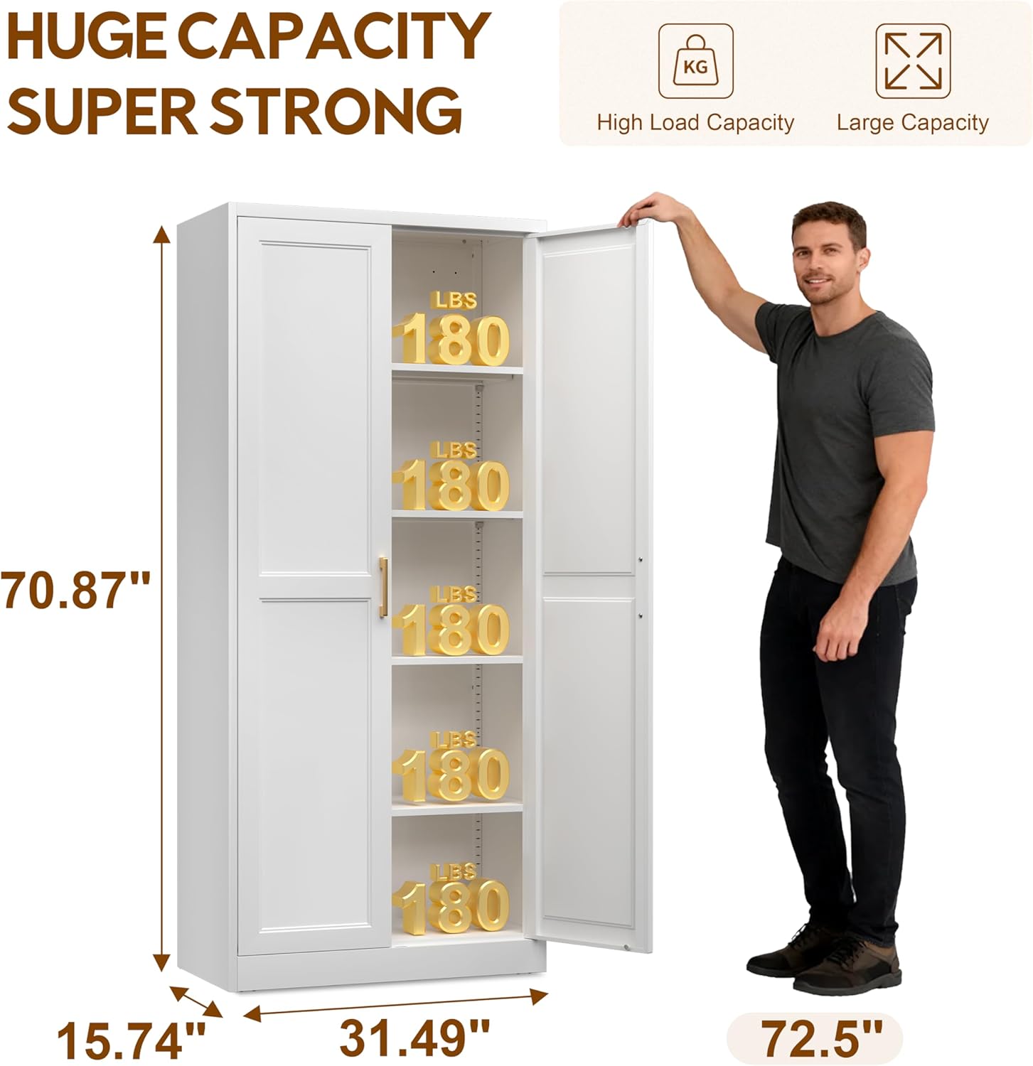 71" Kitchen Pantry Cabinet, Pantry Storage Cabinet with Doors and 4 Shelves, Metal Storage Cabinets for Kitchens, Living Room, Dinning Room, Assembly Required, White - Image 3