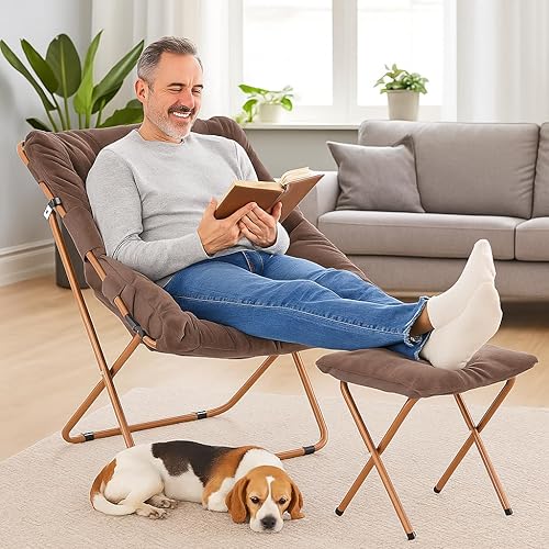 Miniatura 73 de Magshion Silla platillo plegable con otomana para adultos, cómodo asiento de lectura, asiento de piel sintética con marco de metal acolchado grueso