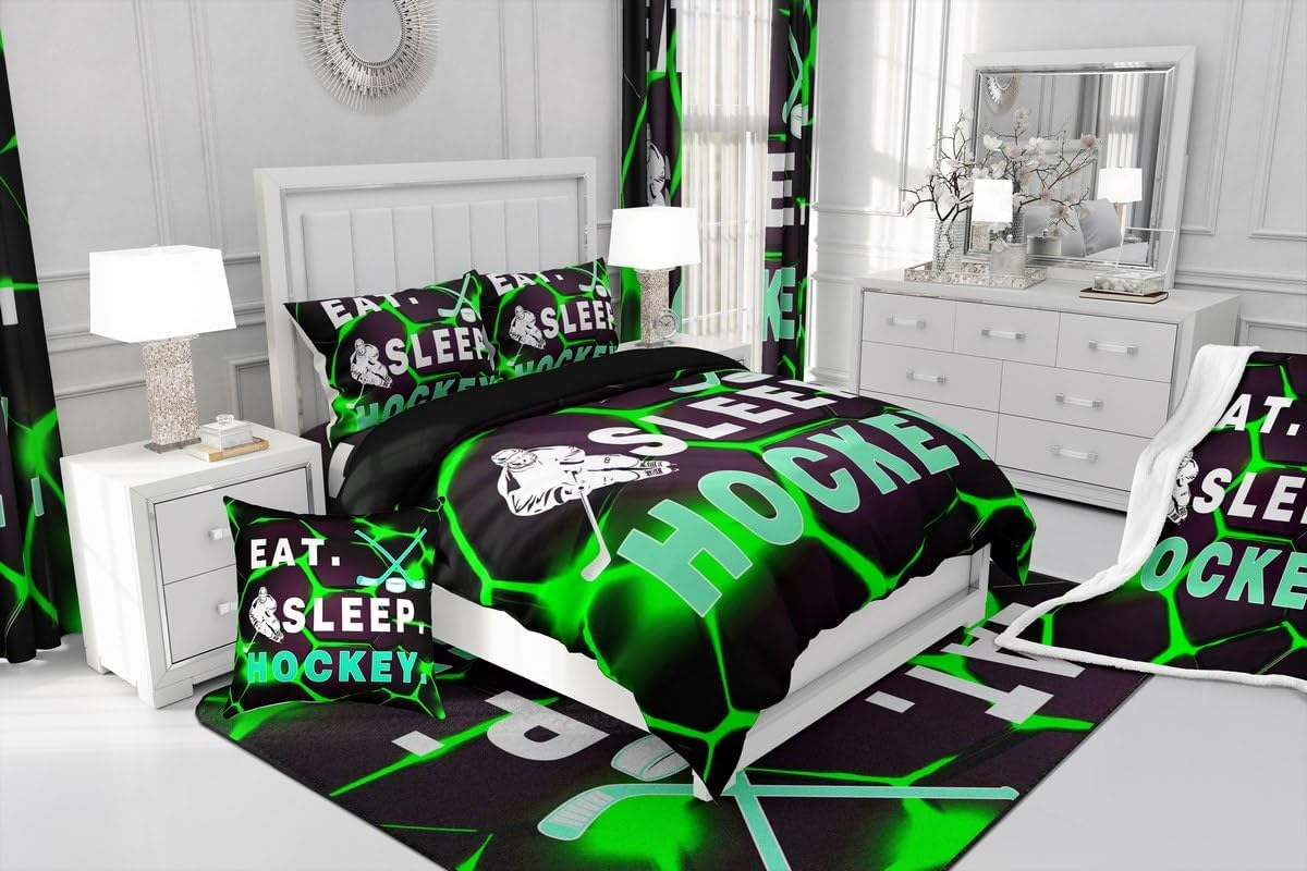 jejeloiu Kids Green Ice Hockey Bedding Set Toddler Size Ice Sports Games Bedding Duvet Cover Set Decor Hockey Player Geometric Comforter Cover Set Lighting Honeycomb Bedspread Cover 2Pcs,No Comforter