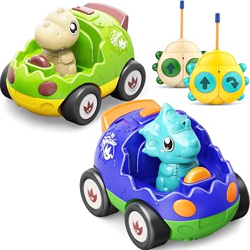 Kidz do 2 Pack Dinosaur Toys Remote Control Cars for Toddlers Ages 2 3 4 5, Christmas Birthday Gifts for 2-5 Year Old Boys, Dinosaur RC Car Toys with Music and Lights Green Blue