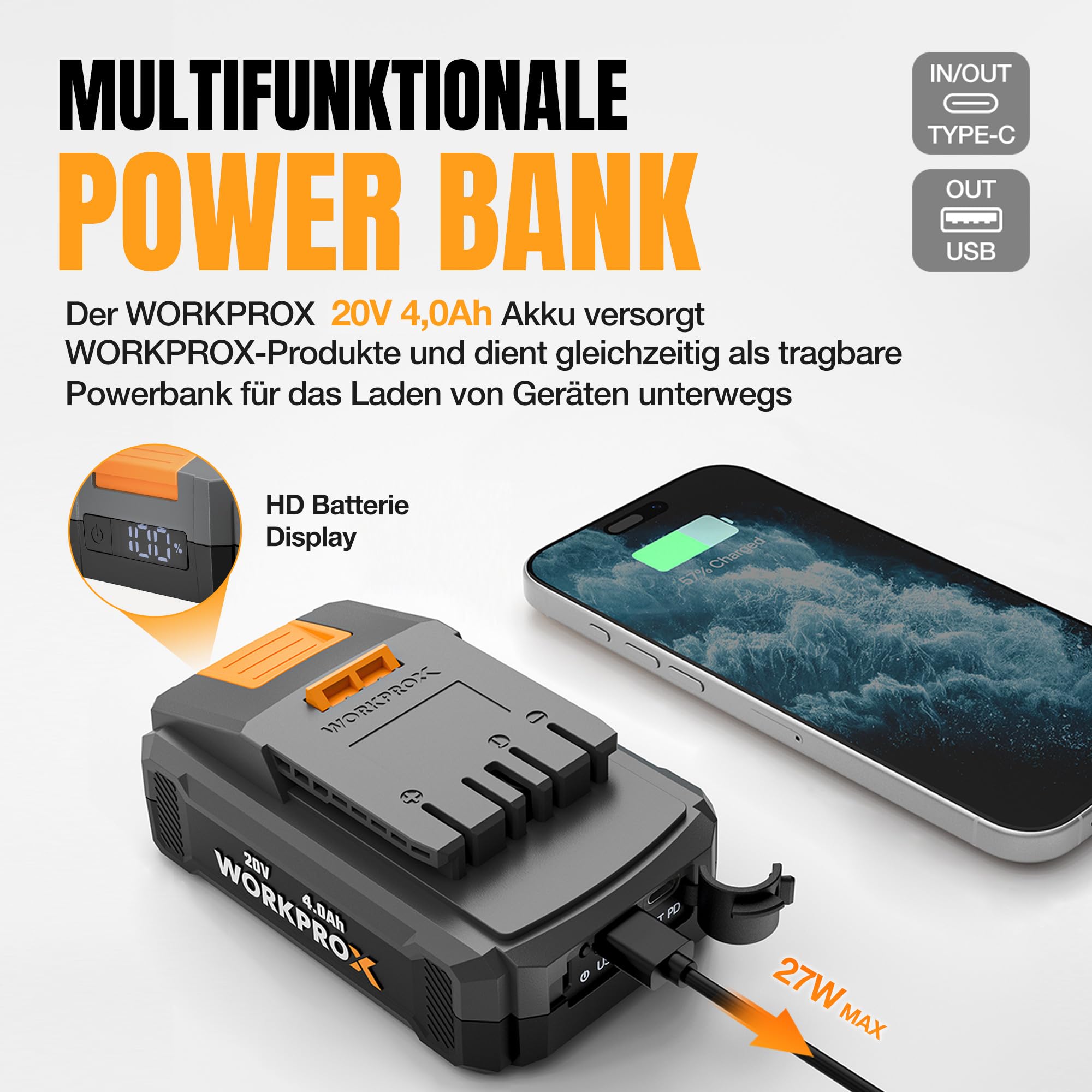 WORKPROX Hochentaster 20V, Akku-Astkettensäge, Leistungsstarke Teleskop Astsäge, PD Schnellladung, Automatische Kettenschmierun, für Baumschneiden