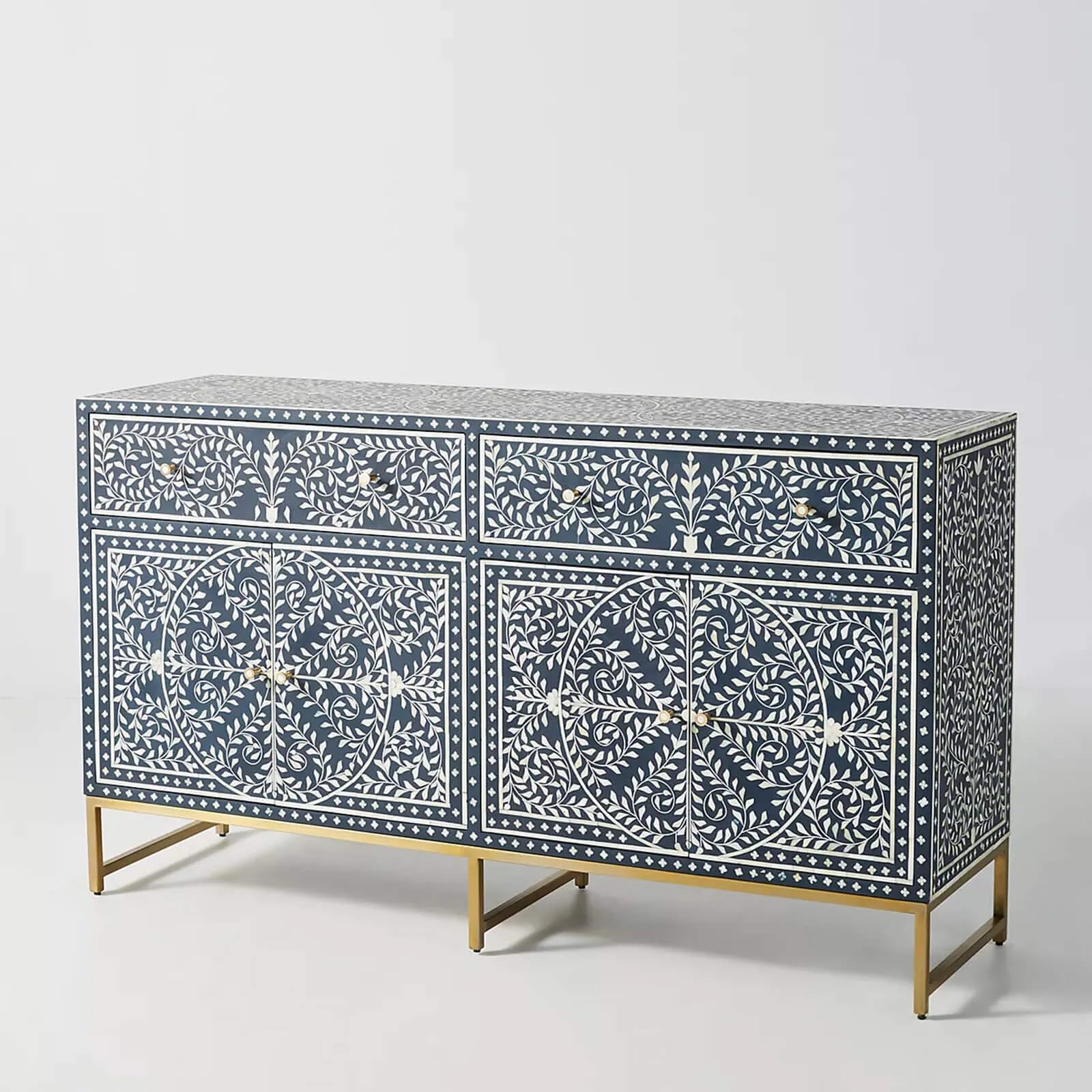ukindianfurniture Bone Inlay Sideboard Cabinet – Handmade Blue & White Floral Design with Brass Base – Elegant Storage Solution-image-19