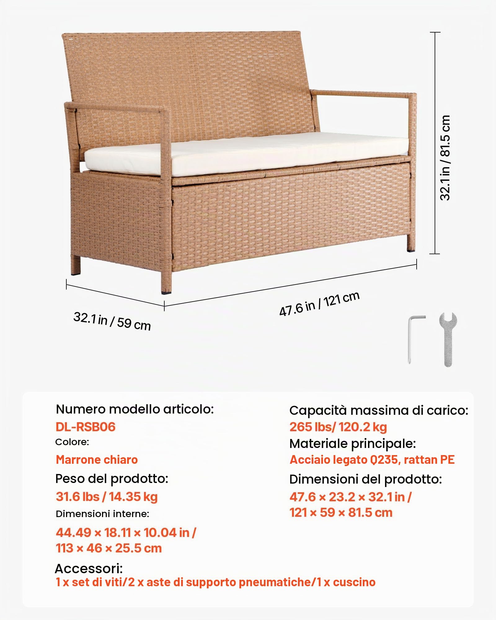 VEVOR Panca Portaoggetti da Esterno, Panca Portaoggetti in Rattan PE per 2 Persone, Contenitore con Cuscino Maniglia Laterale, Supporto max 120 kg, Seduta da Giardino Decorazione Esterna per Balcone