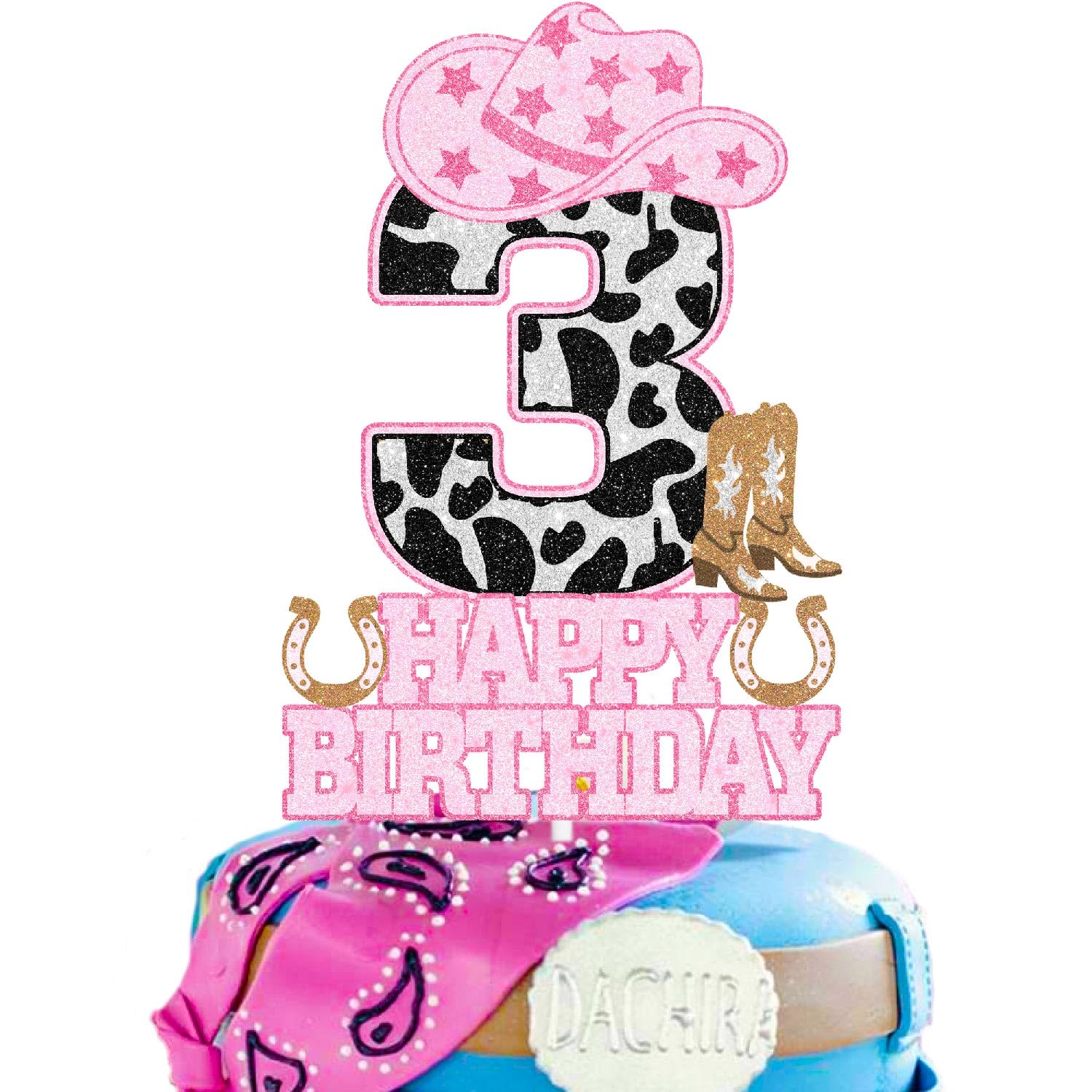 Happy Cowgirl 3rd Birthday Cake Toppers for Kids - This is the perfect cowgirl-themed birthday party, Cowboy party, or baby shower party cow pattern