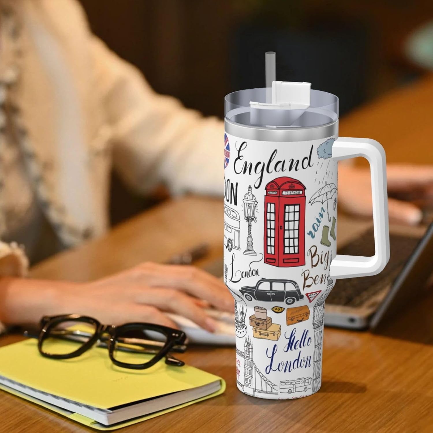 40 OZ I Love London Print Ice Bully Cup with Handle Straw Lid Straw,Stainless Steel Tumbler Coffee Cup