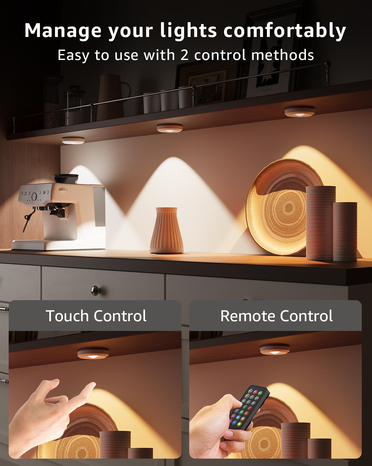 Faretti LED Ricaricabili Con Telecomando | 5 Luminosità, 3 Temperature Colore, Timer | Adesivi/Magnetici | Per Armadi, Vetrine, Sottopensili, Scale