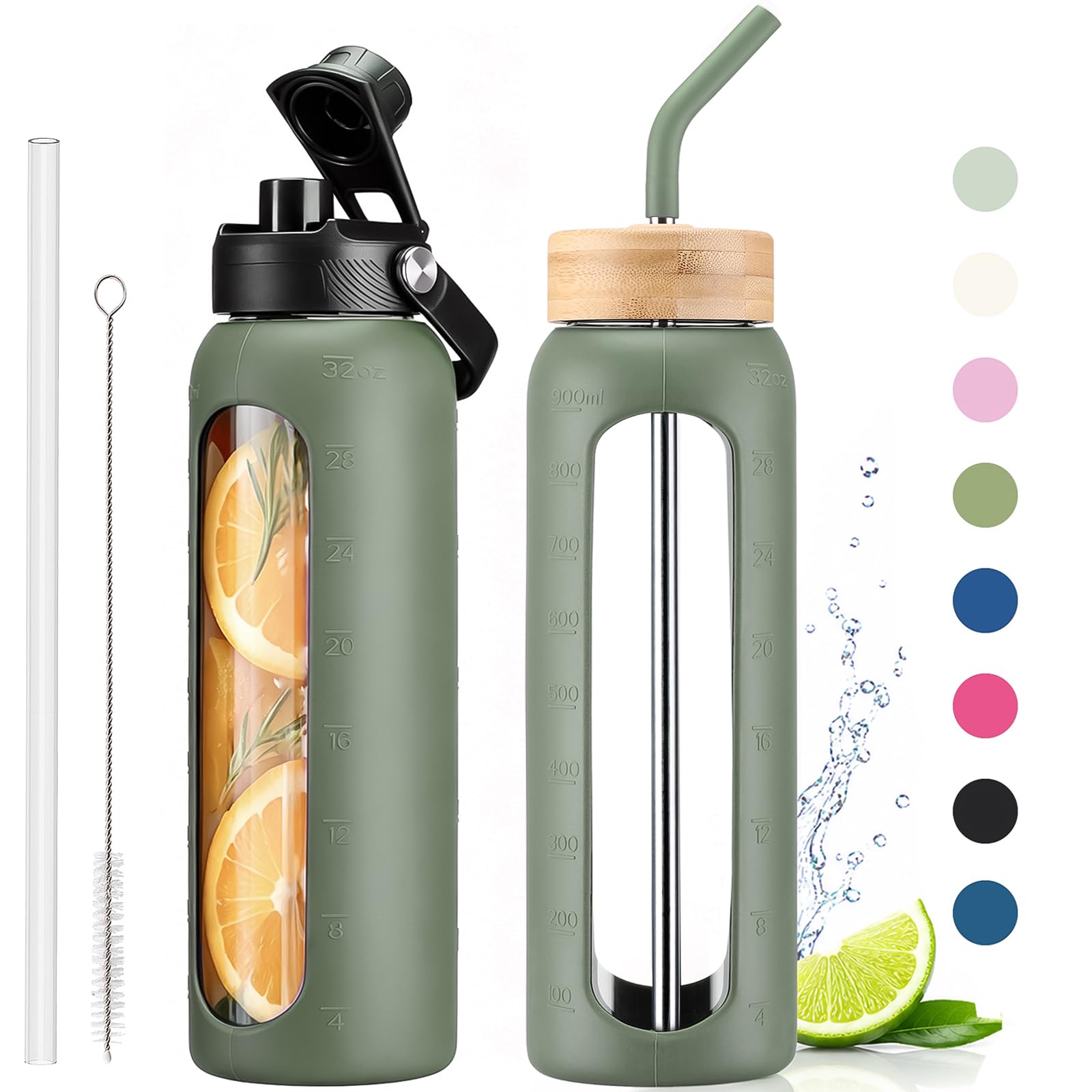 32 oz Glass Water Bottle with Straw and 2 Lids, Olive