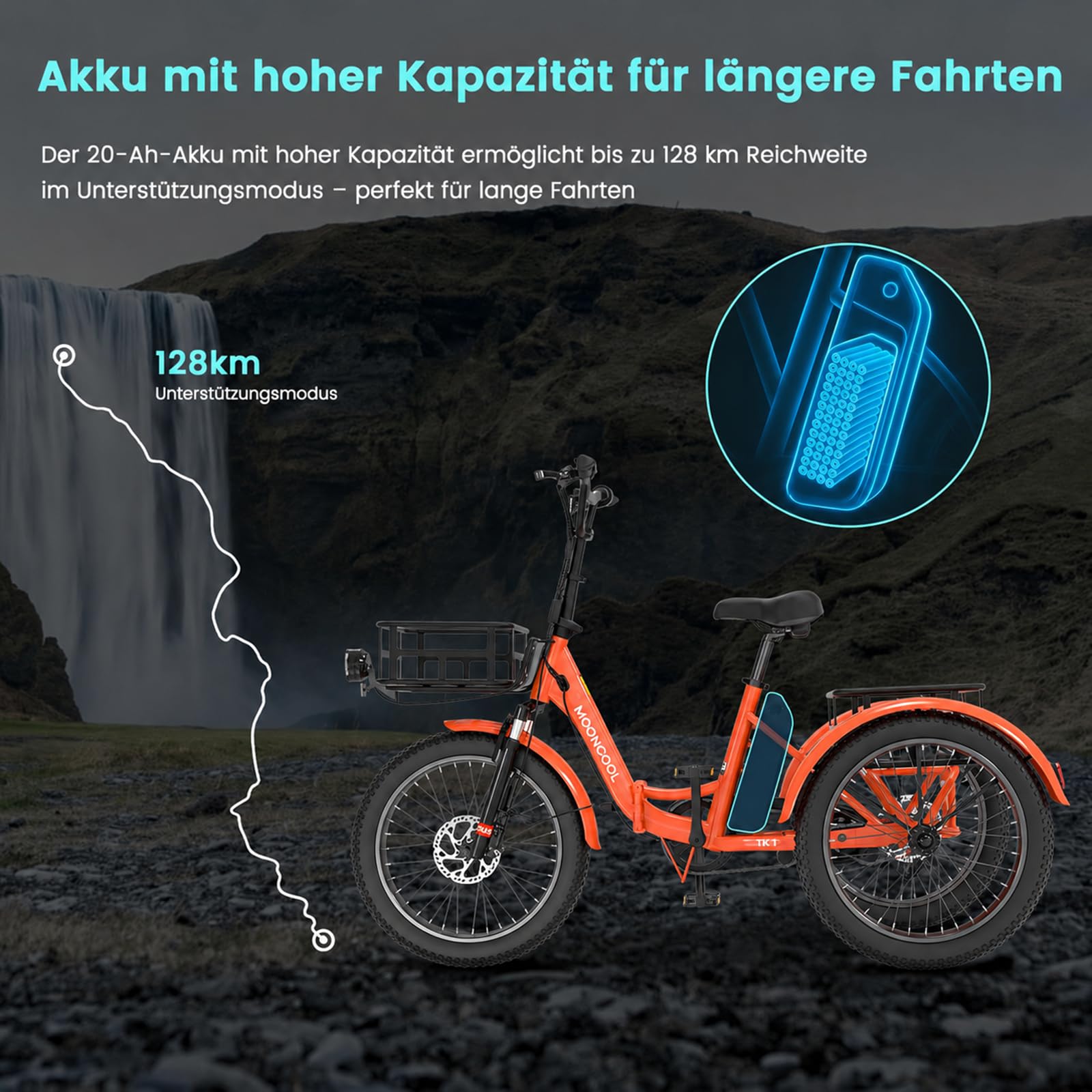 MOONCOOL E Bike Dreirad Klapprad, 20" Elektrofahrräder für Herren Damen, 36V 20AH Akku, 250W Motor 45 Nm, LCD-Display, IP65 Wasserdicht, 3 Fahrmodi, mit Großen Körben & Fußstützen