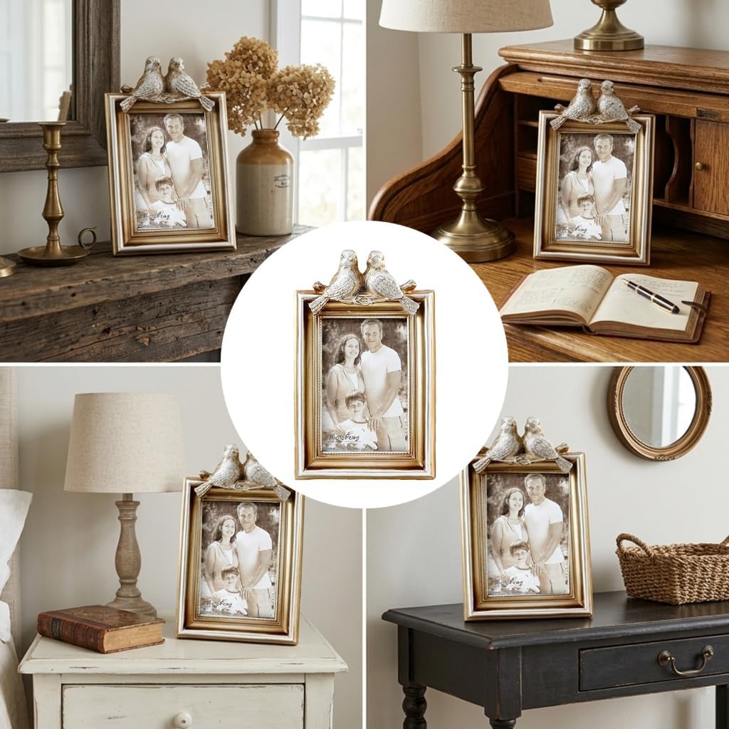 European Resin Photo Frame with Handcrafted Bird Detail Ideal for Living Room