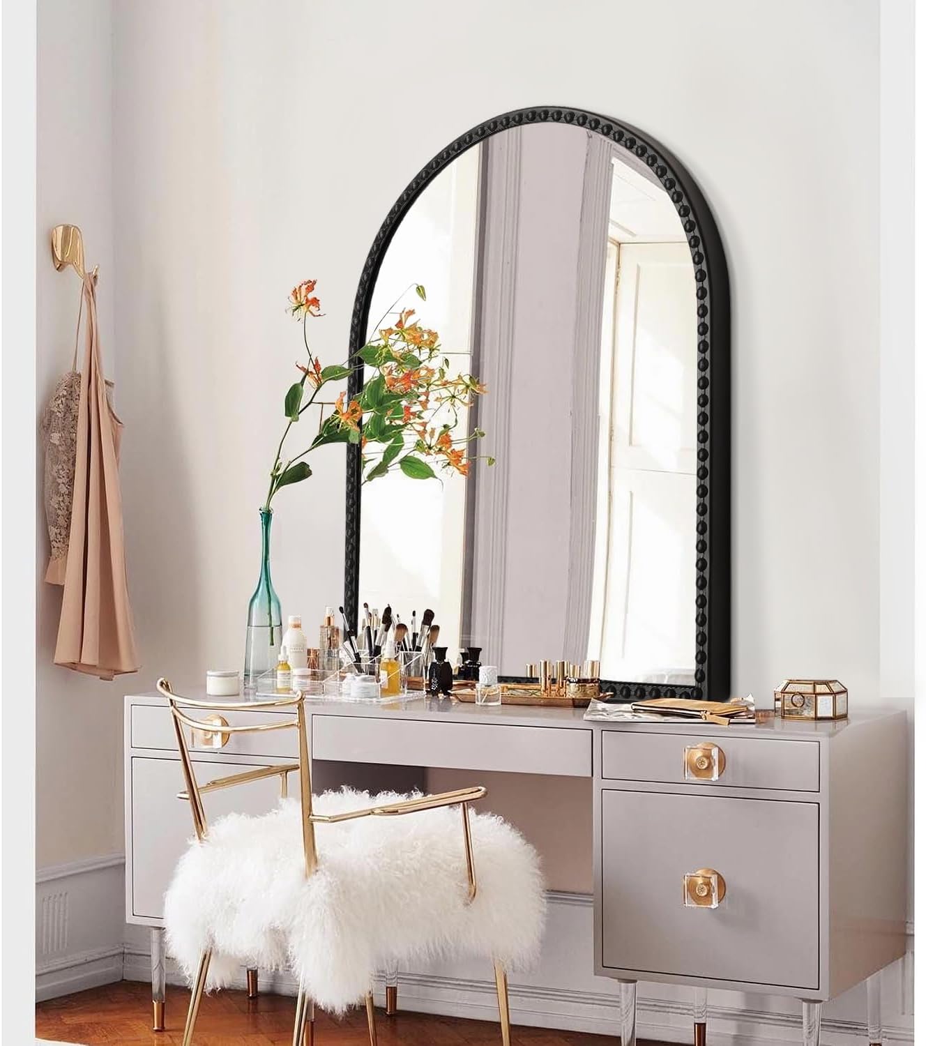 Black Arched Wall Mirror Metal Beaded Frame Bathroom Mirror for LivingRoom Bedroom Entryway Room Home Decor 30"x20" Large