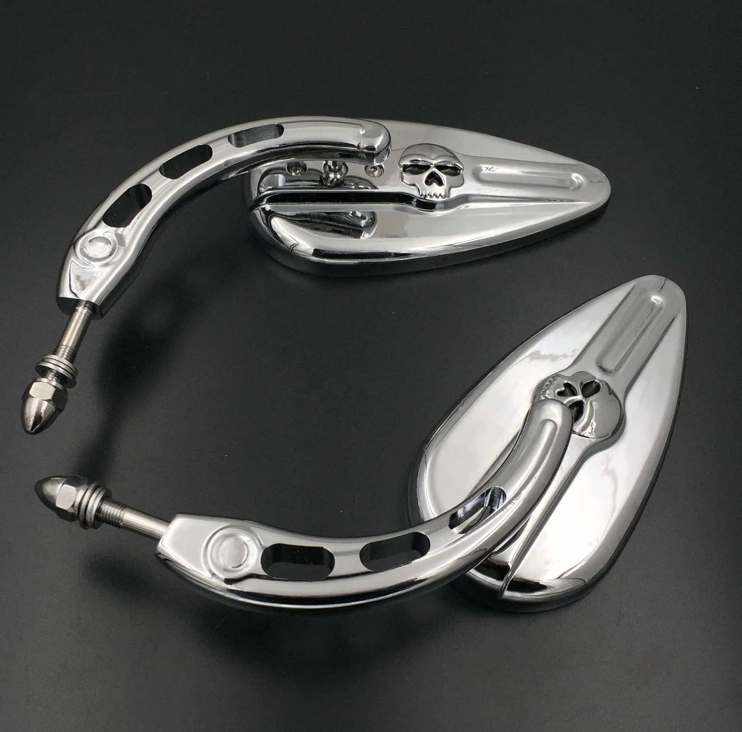 HTTMT MT383D- Chrome Skull Side Mirrors Compatible with Harley Davidson 1982-later all models (except VRSCF,2014-later FLHTKSE,FLHRSE6, FLHR and FLHRC models and XL1200X mounted below the handlebars)