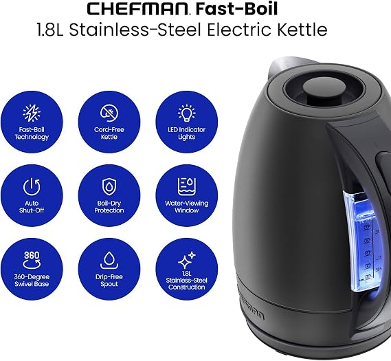 Chefman Electric Kettle, 1.8 Liter Stainless Steel Electric Tea Kettle Water Boiler with Automatic Shutoff, LED Lights, Boil-Dry Protection, Hot Water Electric Kettles for Boiling Water, Black