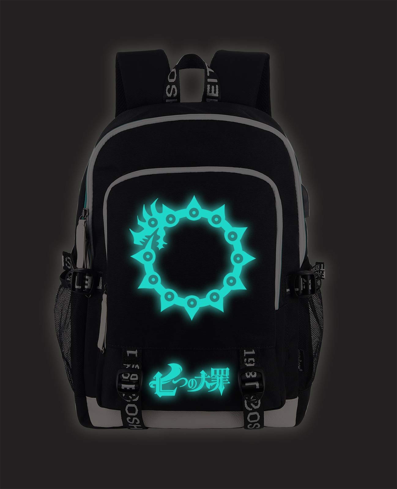 Roffatide Anime The Seven Deadly Sins Mochila Luminosa Estampada Mochila para Portátil con Puerto de Carga USB y Puerto Auriculares Negro