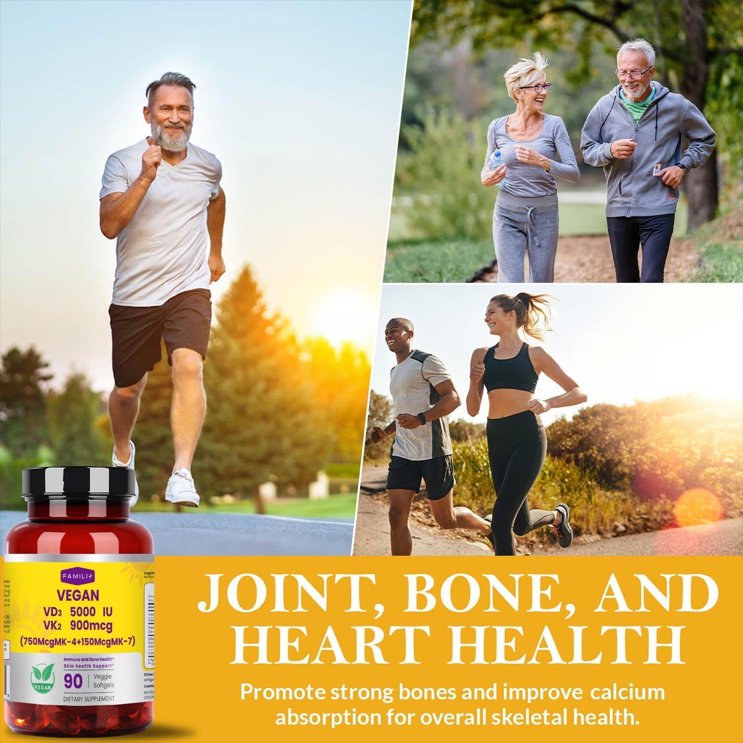 FAMILI+ 90 Days Vegan Vitamin D3 5000IU +K2 900Mcg Softgel with Coconut MCT Oil | 5000IU Plant Source Vitamin D3+750Mcg MK4+150Mcg MK7 | Broad Spectrum K2| Bone Muscel Teeth Overall Health|100% Vegan