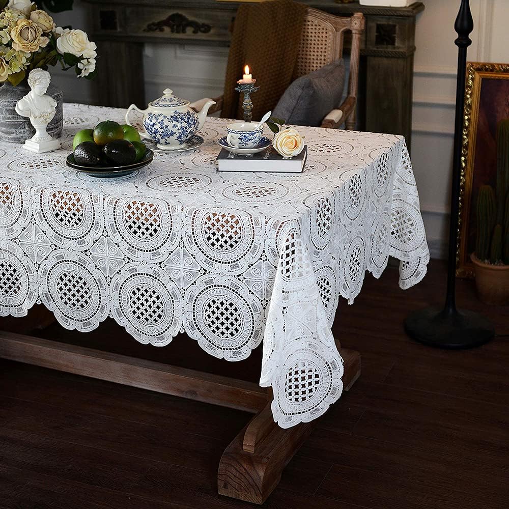 ARTABLE Rectangle Lace Tablecloth White Embroidered Macrame Table Protector with Vintage Floral Pattern Embroidered Oblong Tablecloths for Christmas Wedding Holidays Party Decor (White, 60 x 87 Inch)
