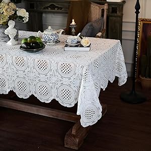 ARTABLE Rectangle Lace Tablecloth White Embroidered Macrame Table Protector with Vintage Floral Pattern Embroidered Oblong Tablecloths for Christmas Wedding Holidays Party Decor (White, 60 x 87 Inch)
