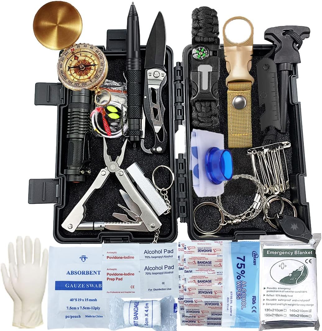 Survival Kit, 63 in 1 Professionelles Notfall Survival Kit, Survival Ausrüstung für Outdoor Camping, Bushcraft, Wandern