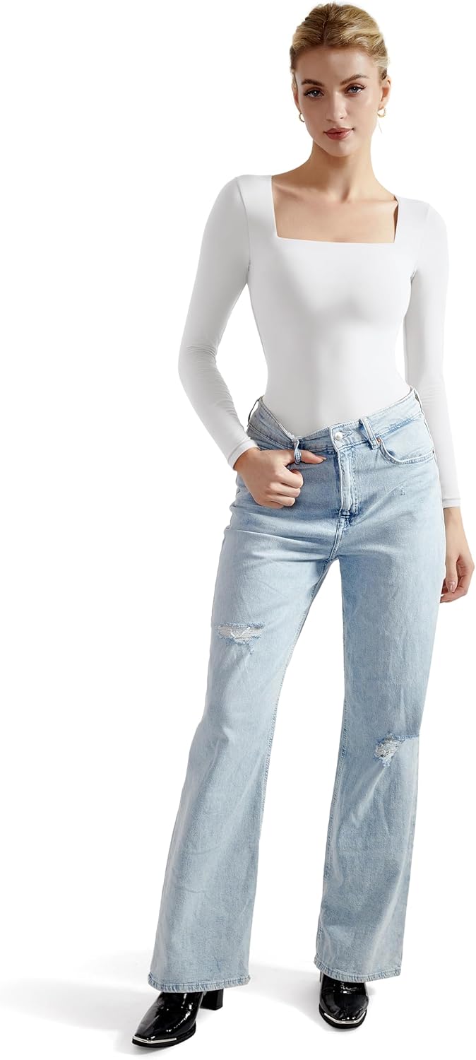 SUUKSESS Women Square Neck Long Sleeve Bodysuit Sexy Thong Bodysuit Shirts - Image 4