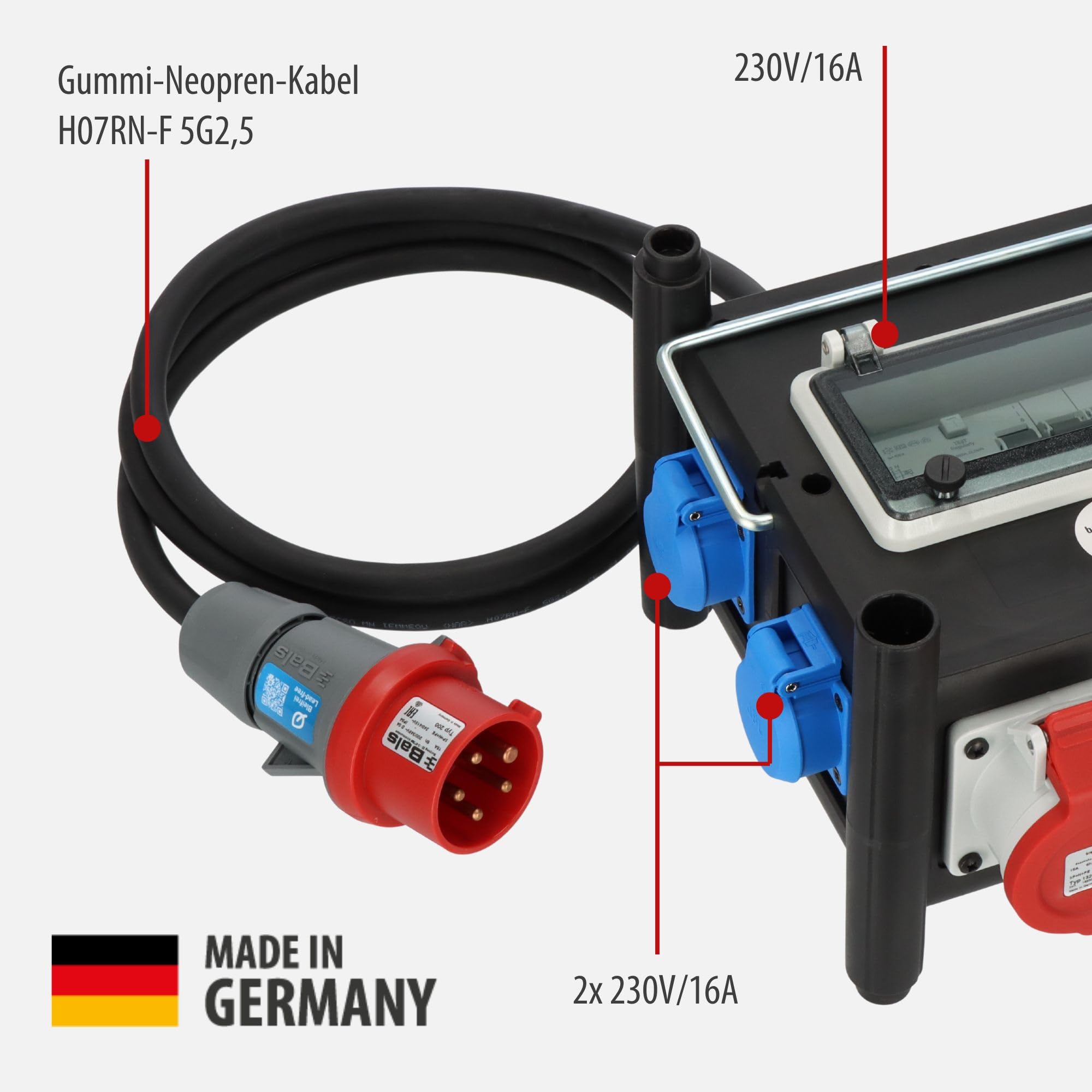 Brennenstuhl Kompakter Gummi-Stromverteiler 2m Kabel 2x CEE 400V/16A 5x 230V/16A FI-Schalter Made in Germany