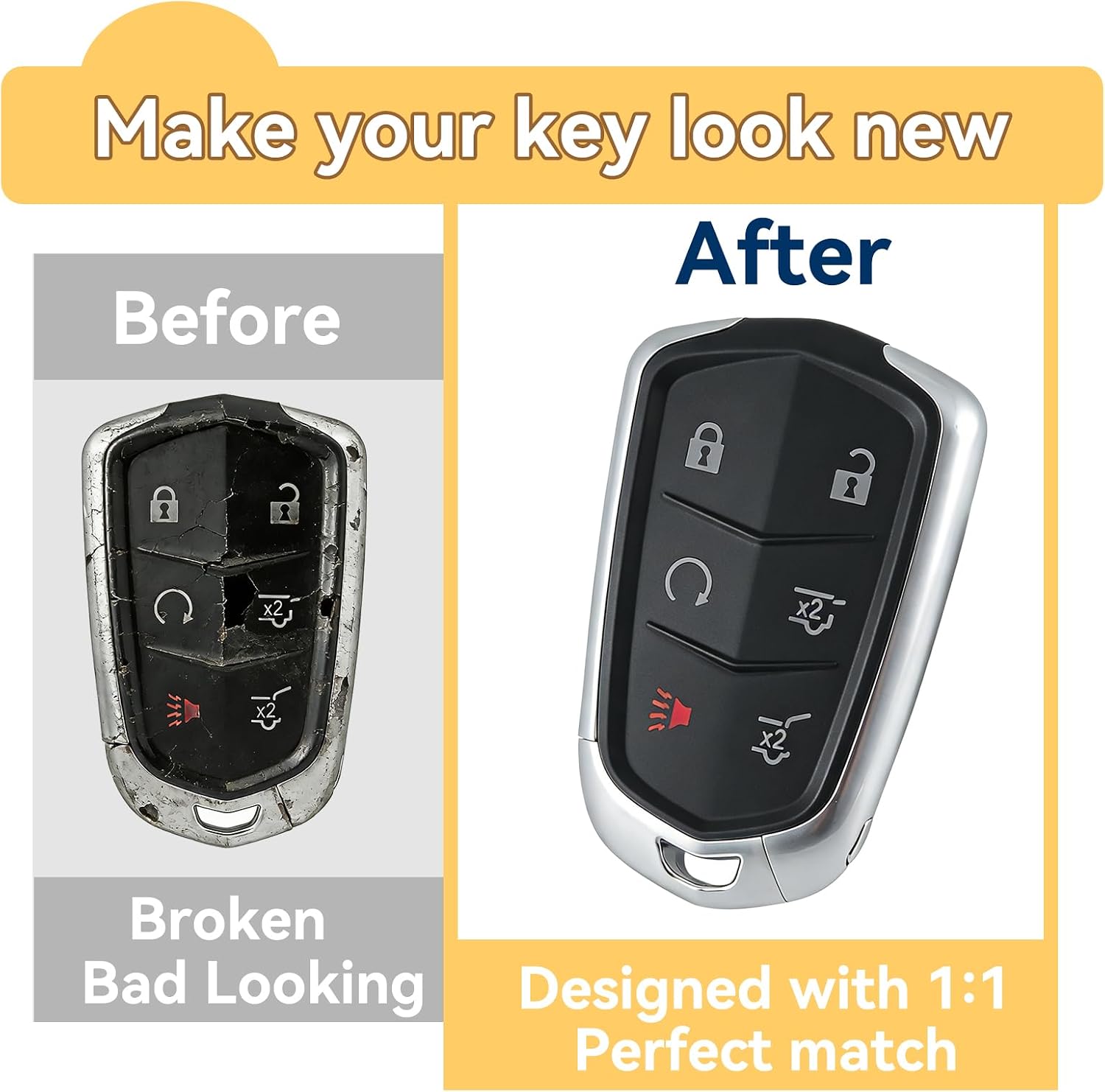 Key Fob Cover Replacement for Cadillac Escalade ESV 2015 2016 2017 2018 2019 2020 Key Shell Case 6 Button Pad Cover HYQ2AB 2PCS