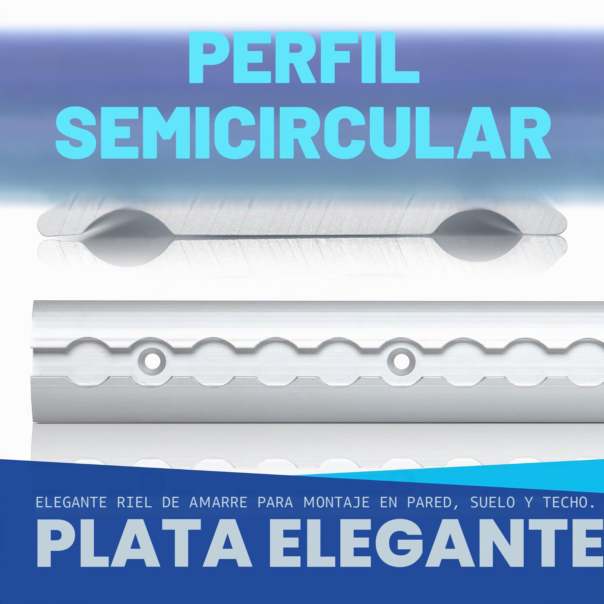 NTG - Riel de anclaje de aluminio de 4 x 1 m, forma semiredonda, con perforaciones, 1 m - 1000 mm, set de iniciación, con 20 conectores de aluminio y 8 tapas