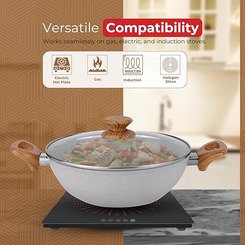 Miniatura 5 de SALFORD Sartén antiadherente forjada de 9.4 pulgadas con tapa de vidrio, Kadai de aluminio de 3.25 litros con base de inducción, sin PFOA, mango de