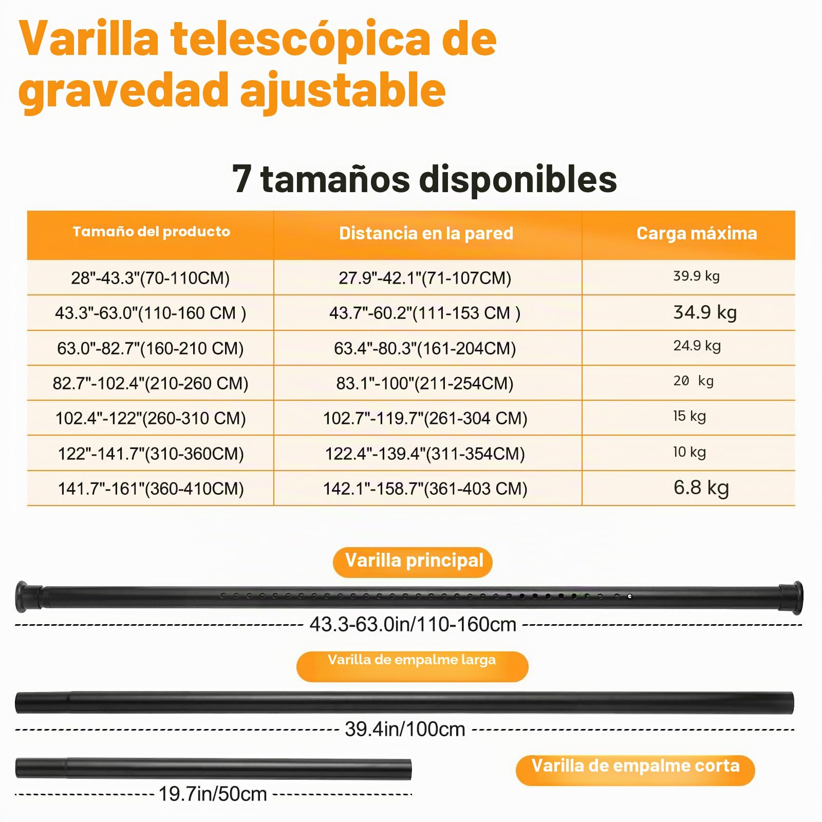 Barra de cortina de tensión resistente, 71-109 cm, barra de armario de resorte, para ventanas o ducha, fácil de instalar, sin taladrar, no se oxida, para baño, diámetro de la barra de 3,2 cm