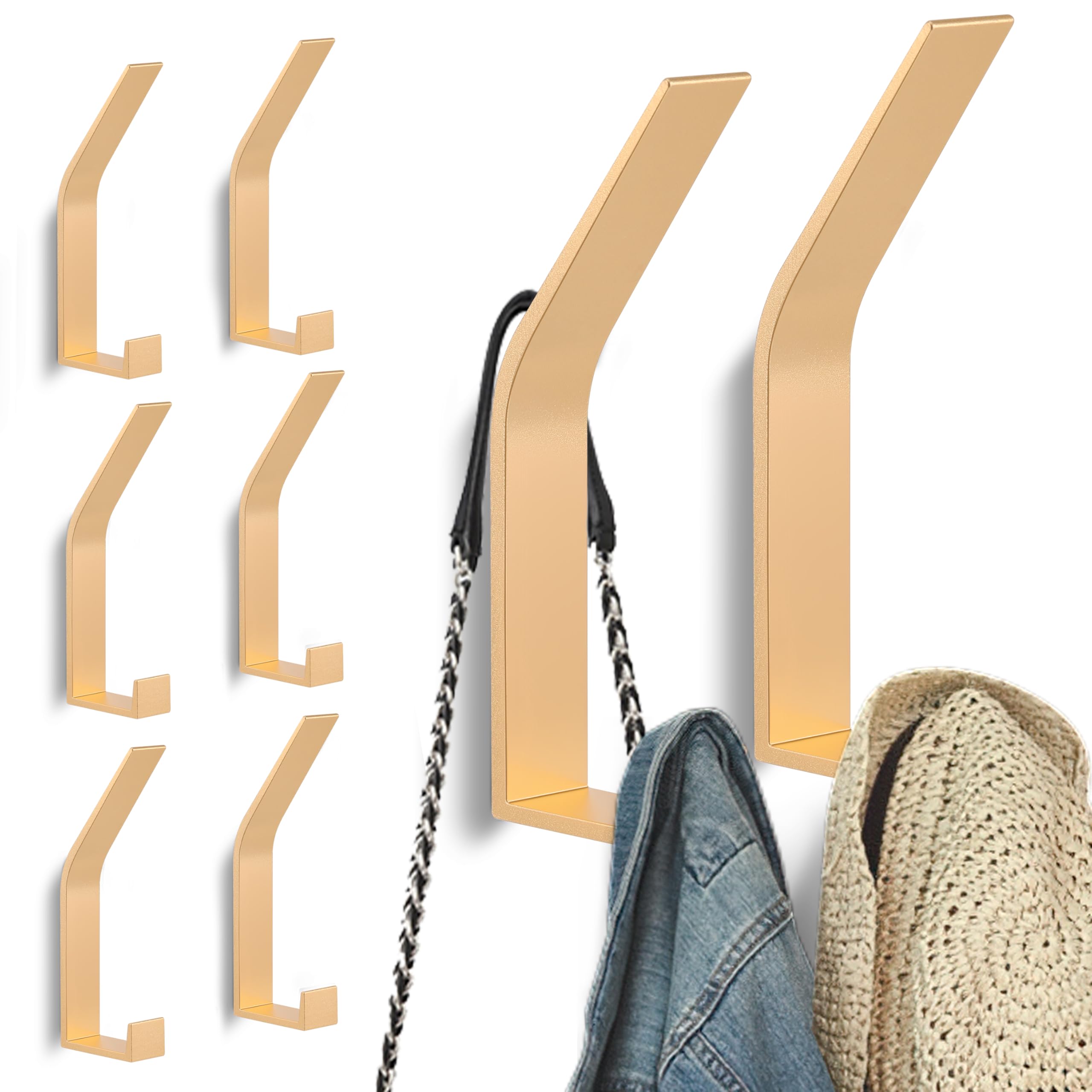 Kssvzz Pack of 8 Golden Clothes Hooks Wall for Drilling Screws Invisible Modern Coat Hooks Coat Rack Wall for Wardrobe, Jackets, Coats, Cap, Scarves, Towel, Handbags and More