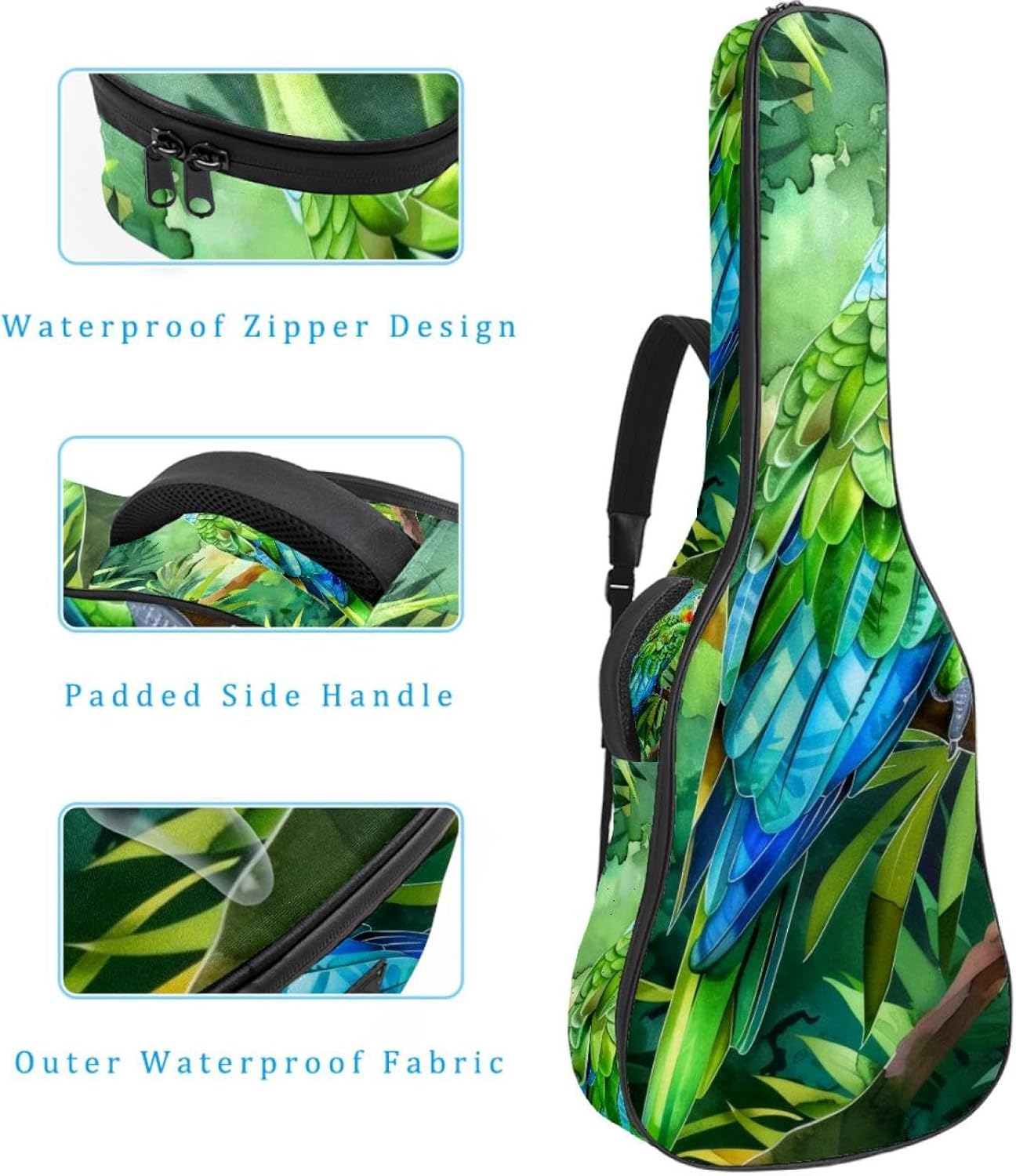 Acoustic Guitar Gig Bag 1 cm Thick Padding, Waterproof Electric Guitar Bag 40-42 Inch Guitar Case Backpack with Dual Shoulder Strap, Watercolor Parrot Monstera Jungle