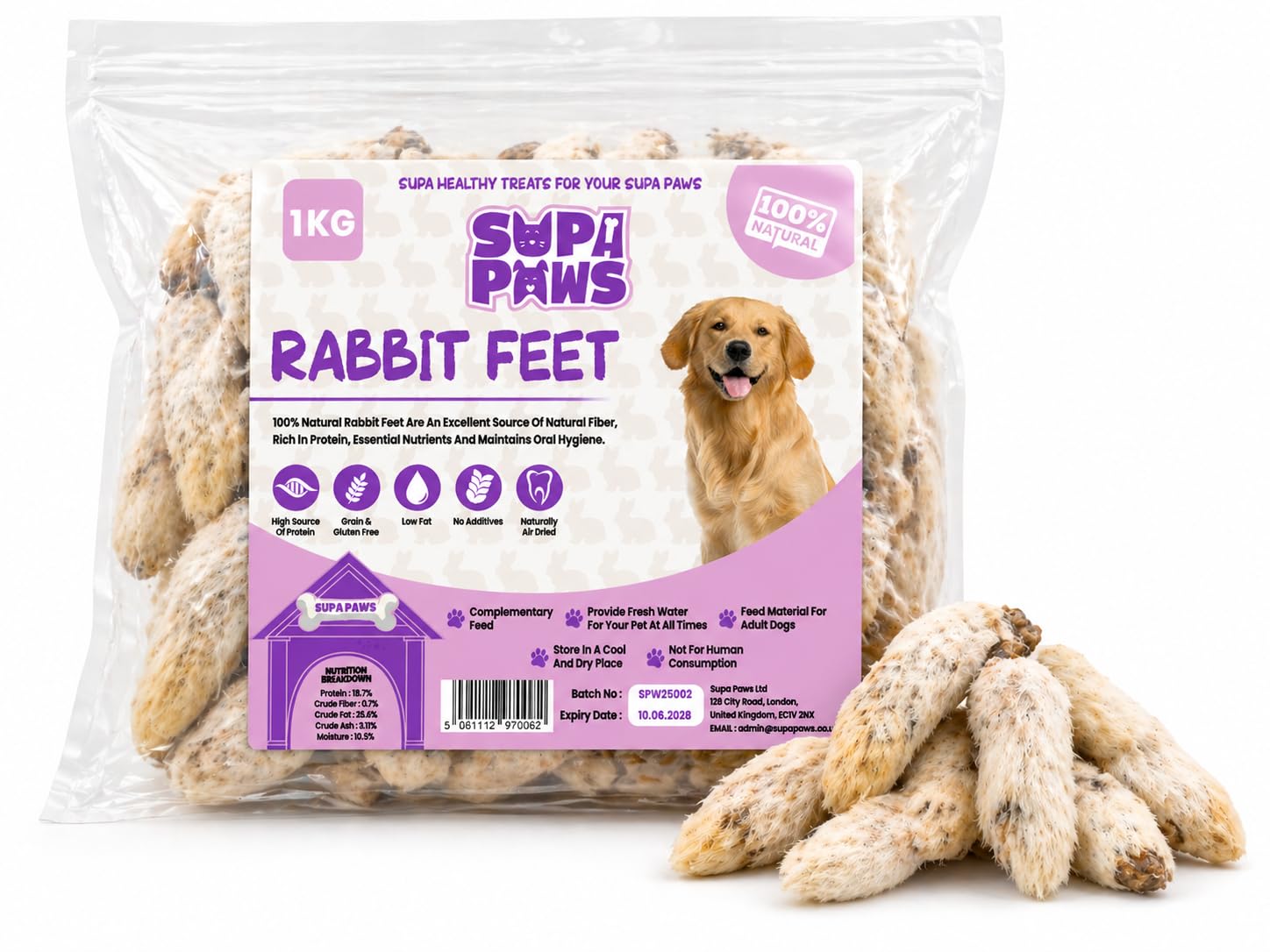 100% Natural 1Kg Rabbit Feet with Fur for Dogs Air Dried Pet Treat for Dog Hypoallergenic Grain, Gluten Free Dog Chews, Alternative Rabbit Ears Crunchy Treat for Puppy Adult & Seniors Dog Snacks Food