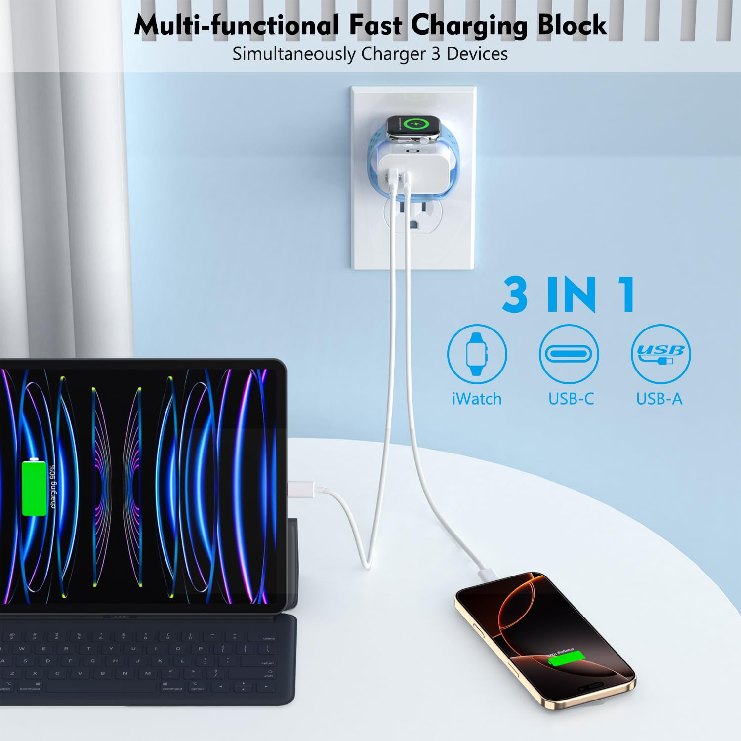 23W for Apple Watch Charger,3 in 1 Apple Charging Block 2Pack Dual Port(USB-C+USB-A)Fast Charging Wall Plug with Wireless Magnetic Watch Charger Compatible with iWatch Ultra/SE/10/9/8,iPhone 16/15/14
