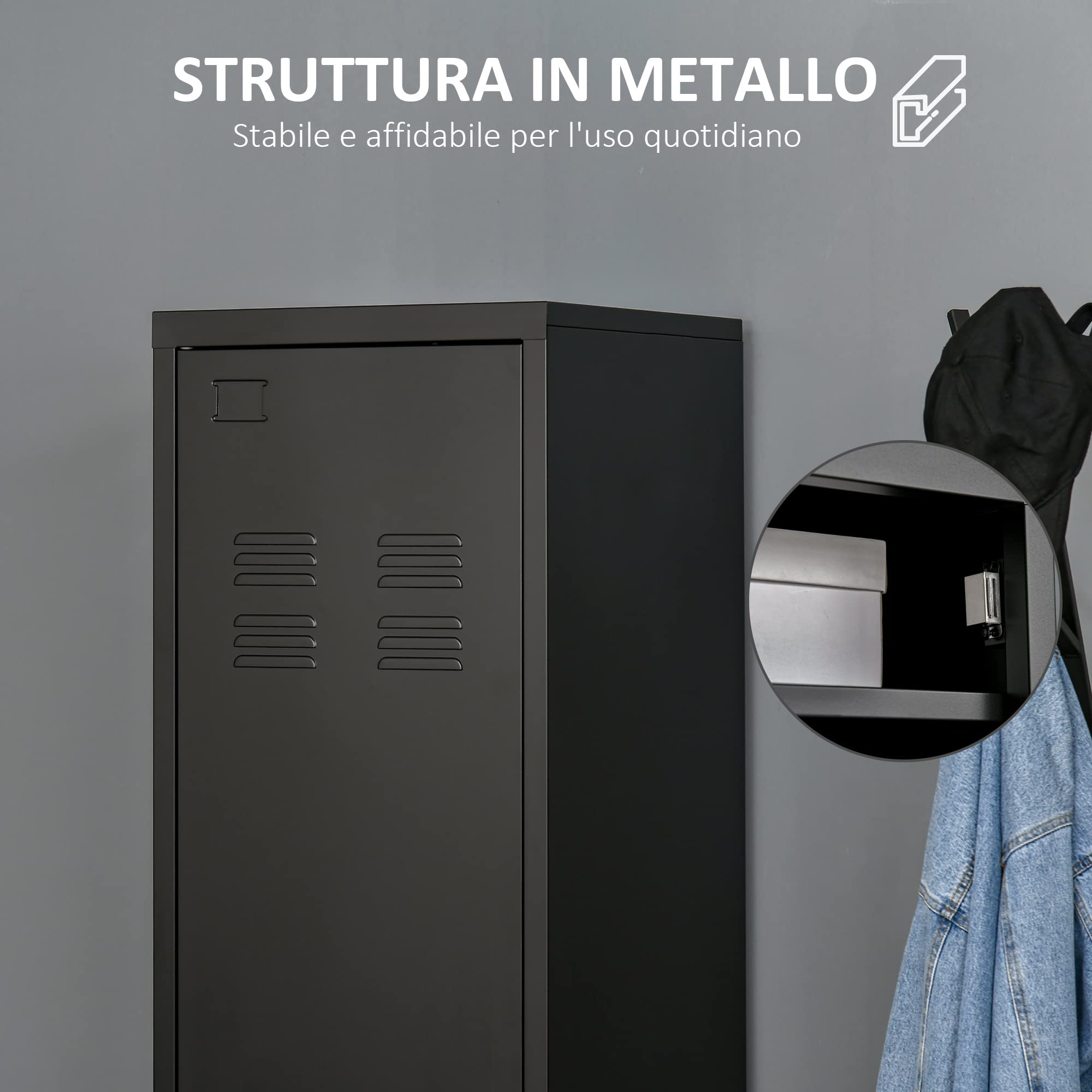 HOMCOM Armadietto Metallico Stile Industriale a un'Anta, Mobiletto Multiuso per Ingresso e Camera, 43x50x180cm, Nero
