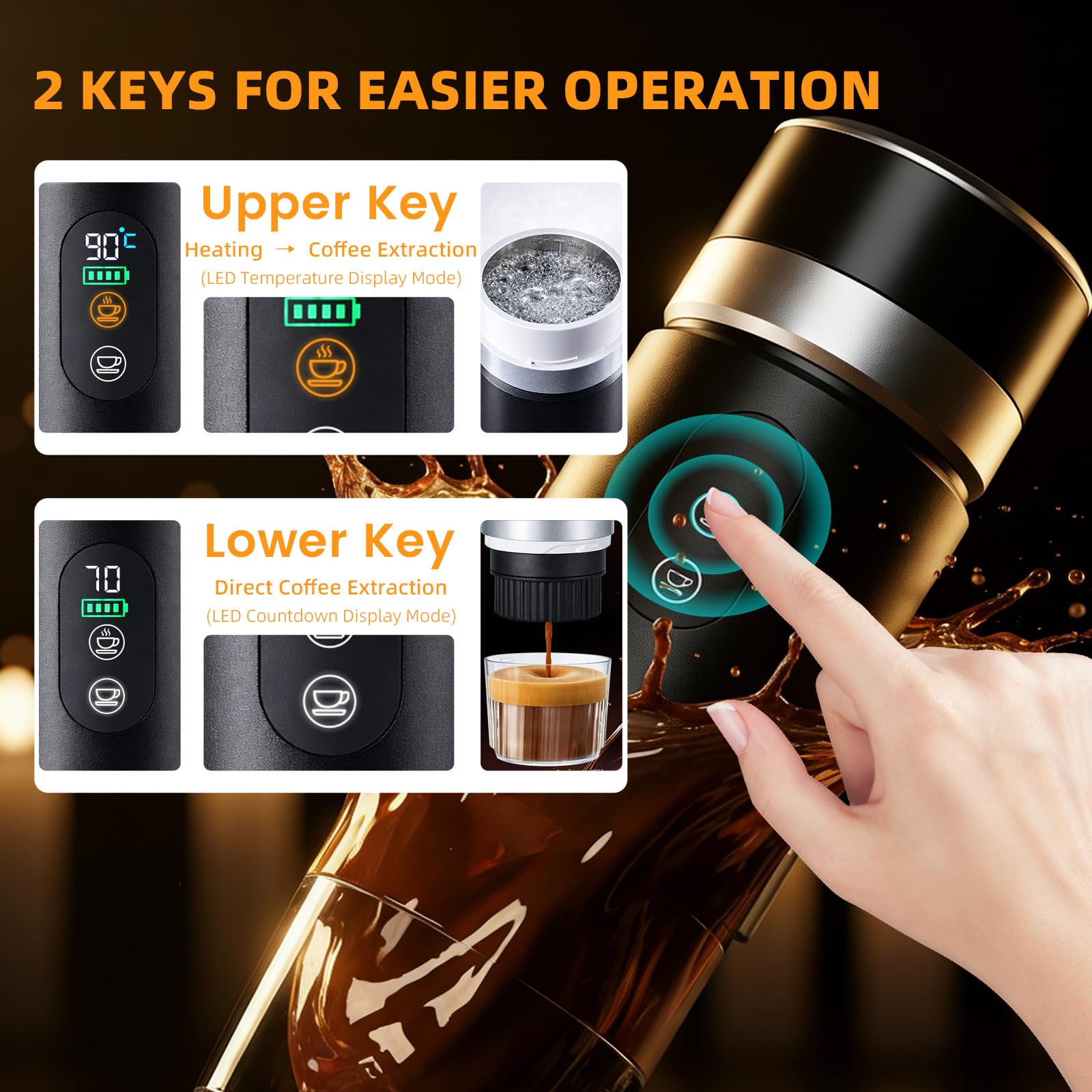 Cafetera Portátil 20 Bar, 3 en 1 Cafetera Espresso Eléctrica Portátil Maquina de Cafe Portatil Recargable Compatible con Cápsulas Pequeñas/Grandes y Café Molido para Viajes Acampada Oficina y Hogar - 4