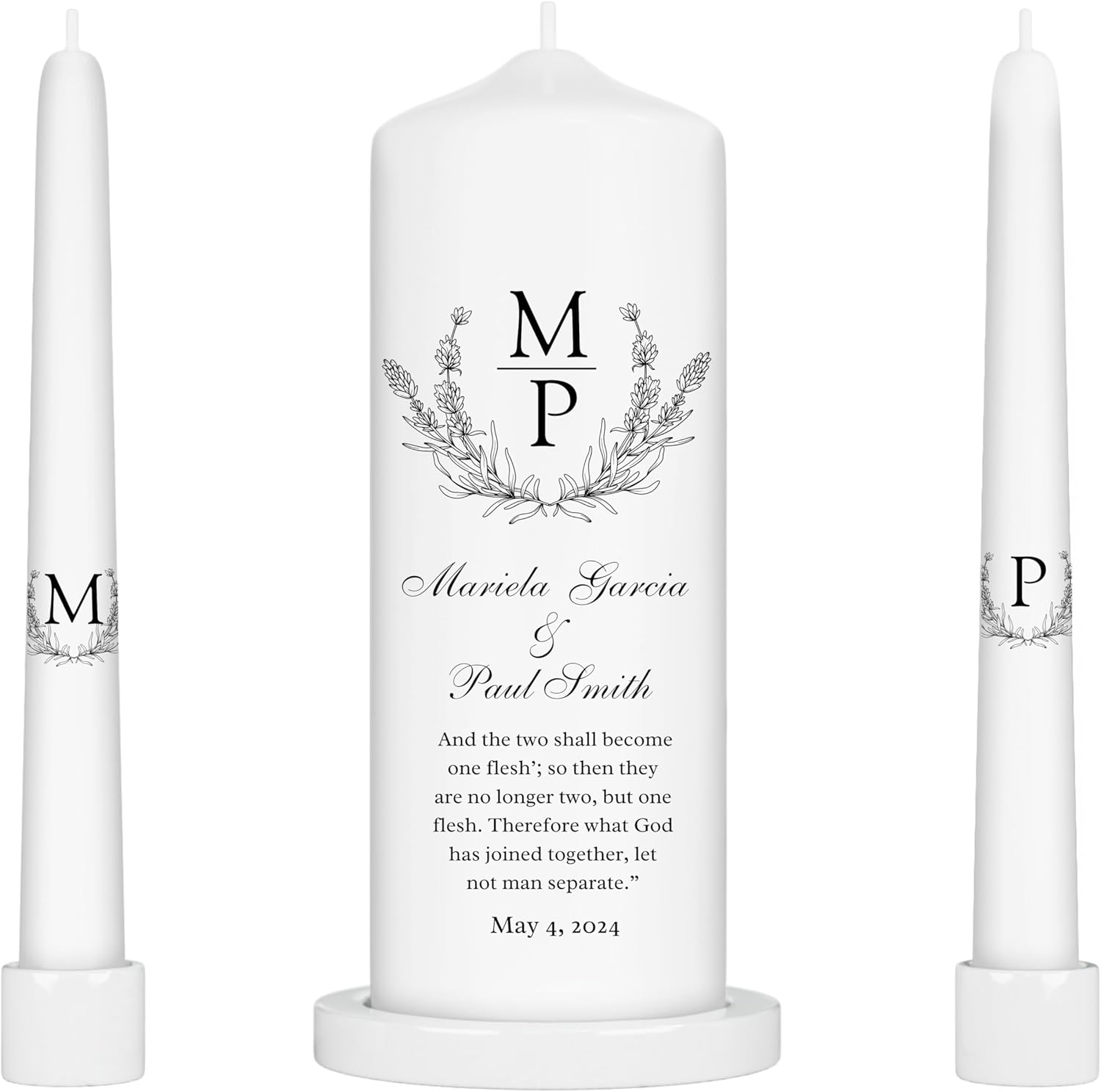 Unity Candles for Wedding, Modern Unity Set, Custom and Personalized Pillar and Taper Candles with Bible Quote, Unscented White Premium Wax, Religious and Wedding Ceremony, Special Events