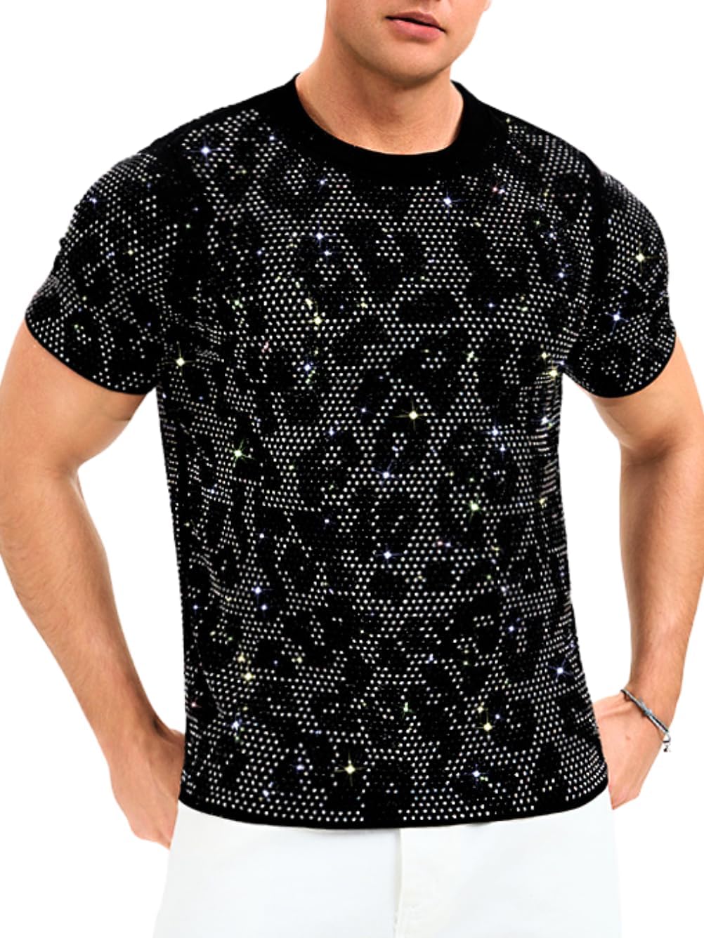 EHSUYAB Men Rhinestone Sparkly Shirt, Leopard Glitter Metallic Crewneck Short Sleeve Breathable Top, Casual Party Outfit Club