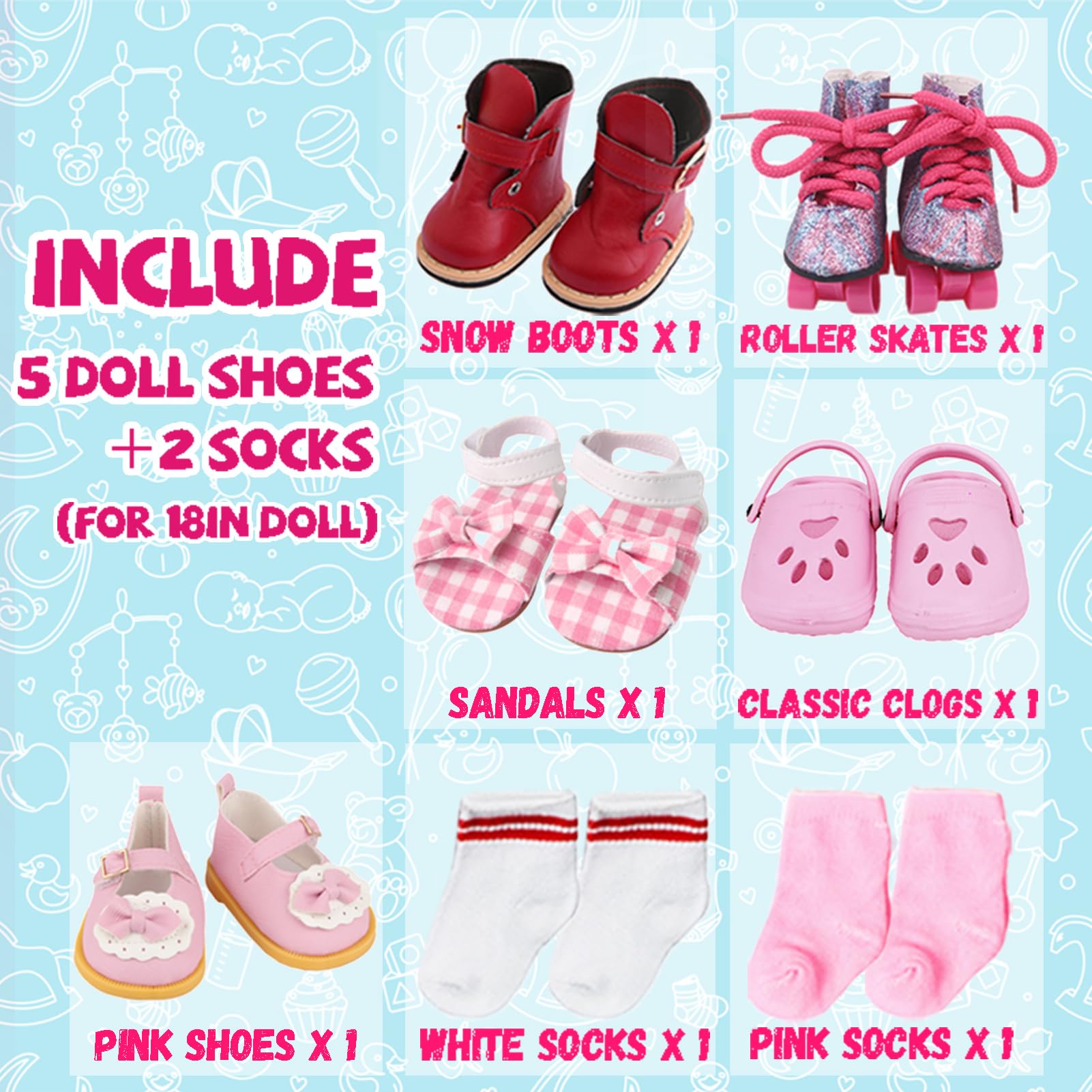 Zapatos de muñeca de 18 pulgadas – 5 pares de diferentes tipos (botas/patines/sandalias/zuecos) + 2 pares de calcetines rosa/blanco de 18 pulgadas accesorios para muñecas de 18 pulgadas, accesorios de 2