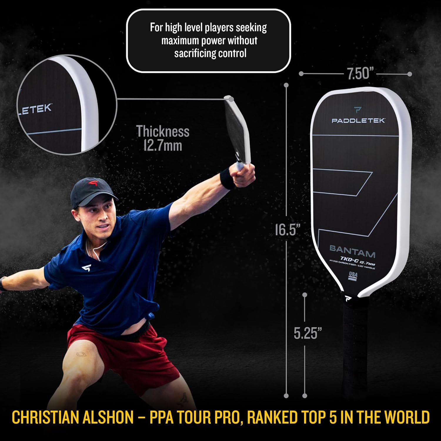 Paddletek Bantam TKO-C 12.7mm Pickleball Paddles with Polymer Honeycomb Core - Unidirectional Carbon Fiber – Torsional Weighting & High Tack Performance Grip - USAPA Approved - 5.25 Inch Handle