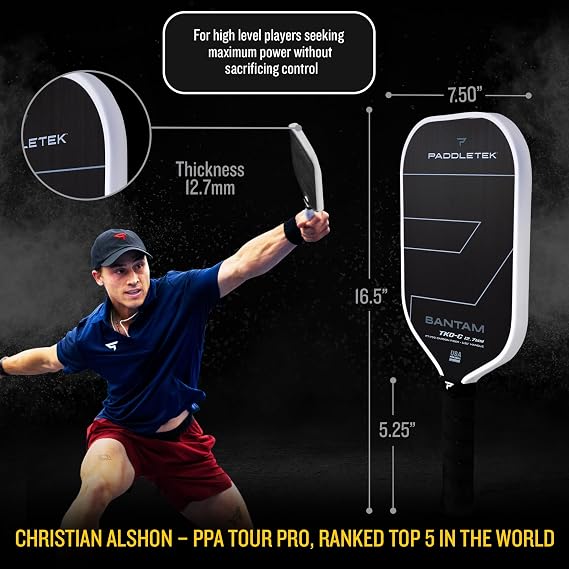 Paddletek Bantam TKO-C 12.7mm Pickleball Paddles with Polymer Honeycomb Core - Unidirectional Carbon Fiber Torsional Weighting & High Tack Performance Grip - USAPA Approved - 5.25 Inch Handle