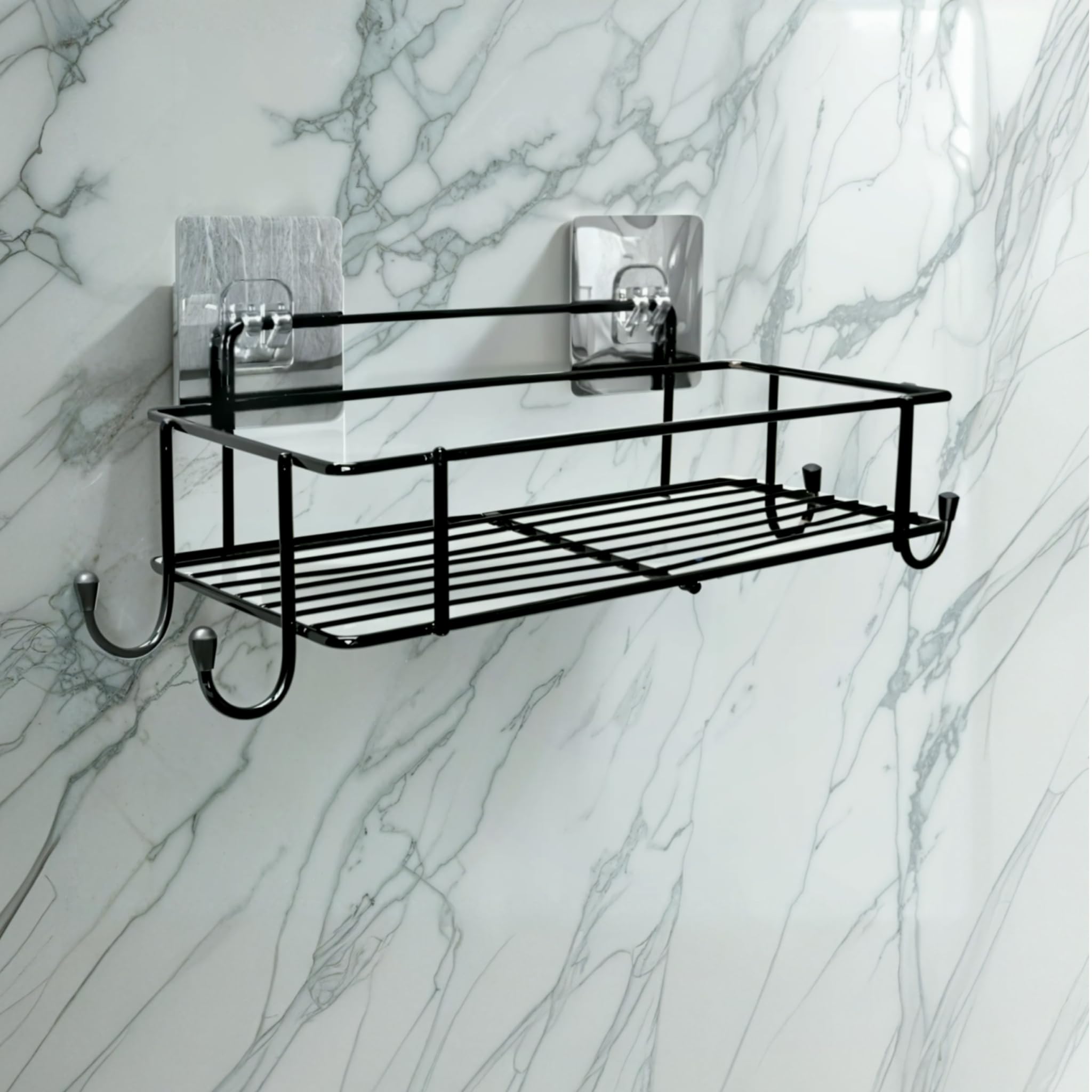 Xtend Self-Adhesive Bathroom Shelf, Multipurpose Kitchen Shelf with Magic Stickers, Rustproof GI Steel, Black Powder Coated, Drill-Free, 4 Hooks, Easy Installation - Pack of 1 (B0D8G31BS9) Amazon Price History, Amazon Price Tracker