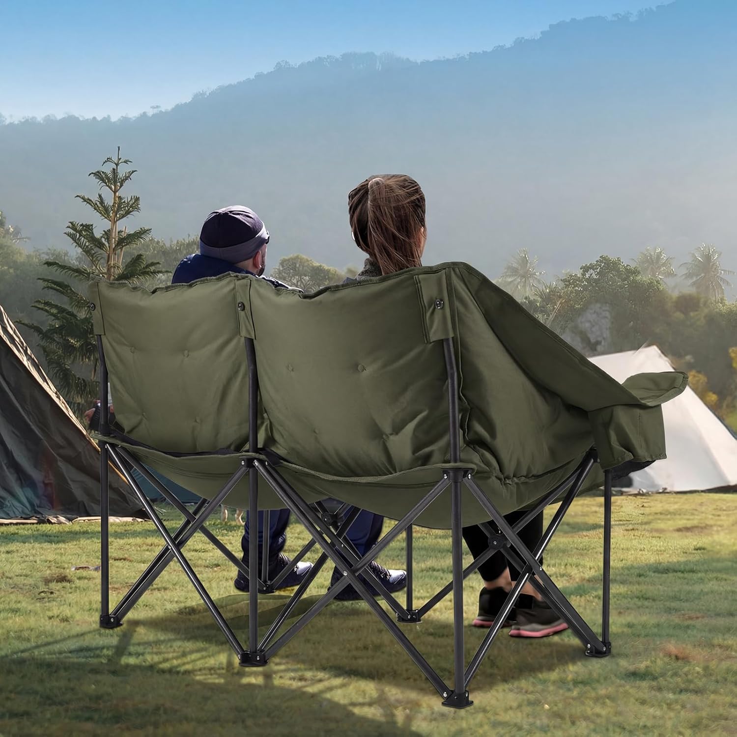 Double Camping Chairs Padded Loveseat Chair for 2 Person - Heavy Duty Oversized Camping Couch for Adults Outdoor Lawn Beach - Portable Folding Sofa with Cup Holders and Carry Bag, Green Plaid