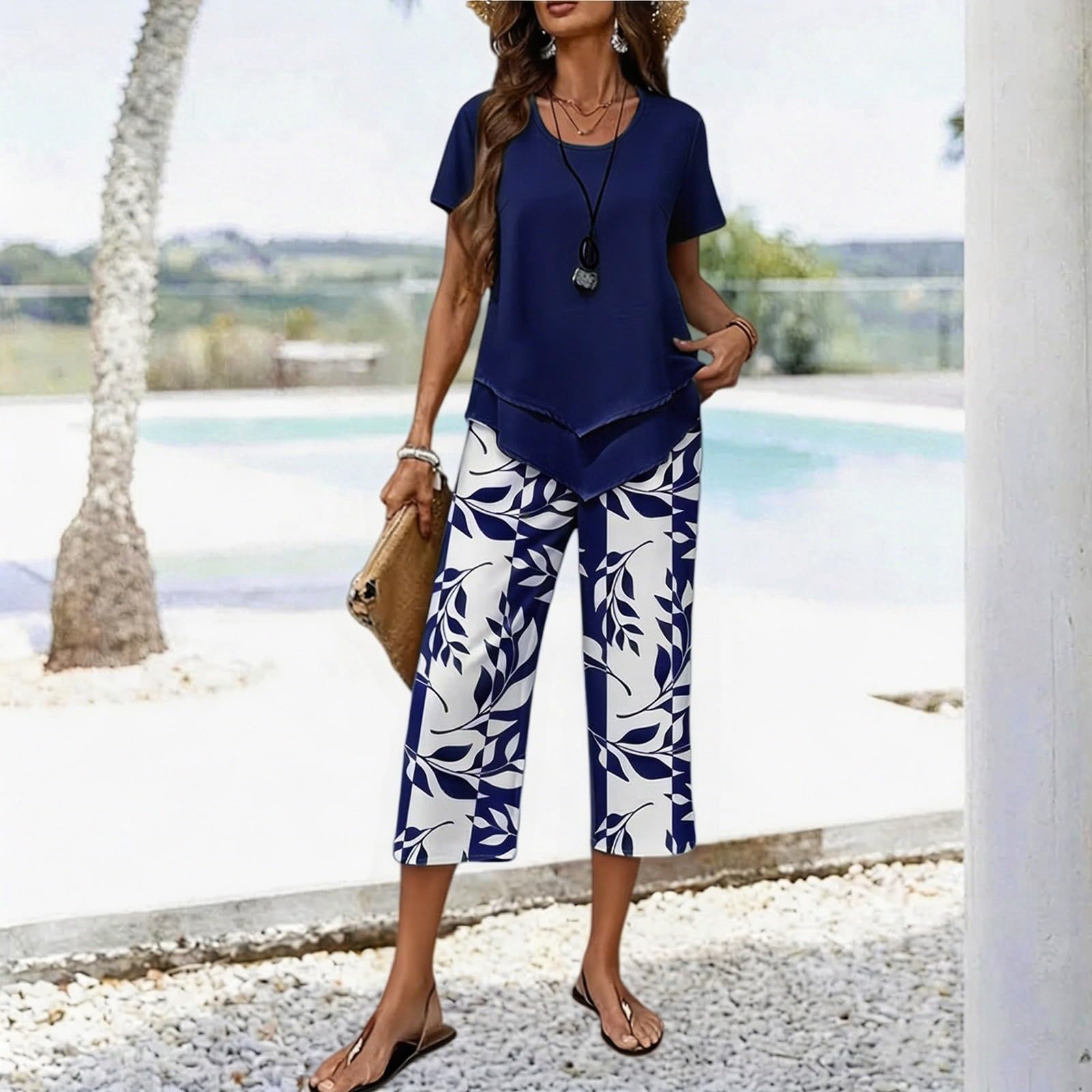 2 Teiler Damen Sommer, Freizeitanzug Set Trainingsanzug Zweiteiler Elegant Unregelmäßiger Kurzarm Oberteil mit Blumendruck Caprihose Weites Bein 3/4 Hose