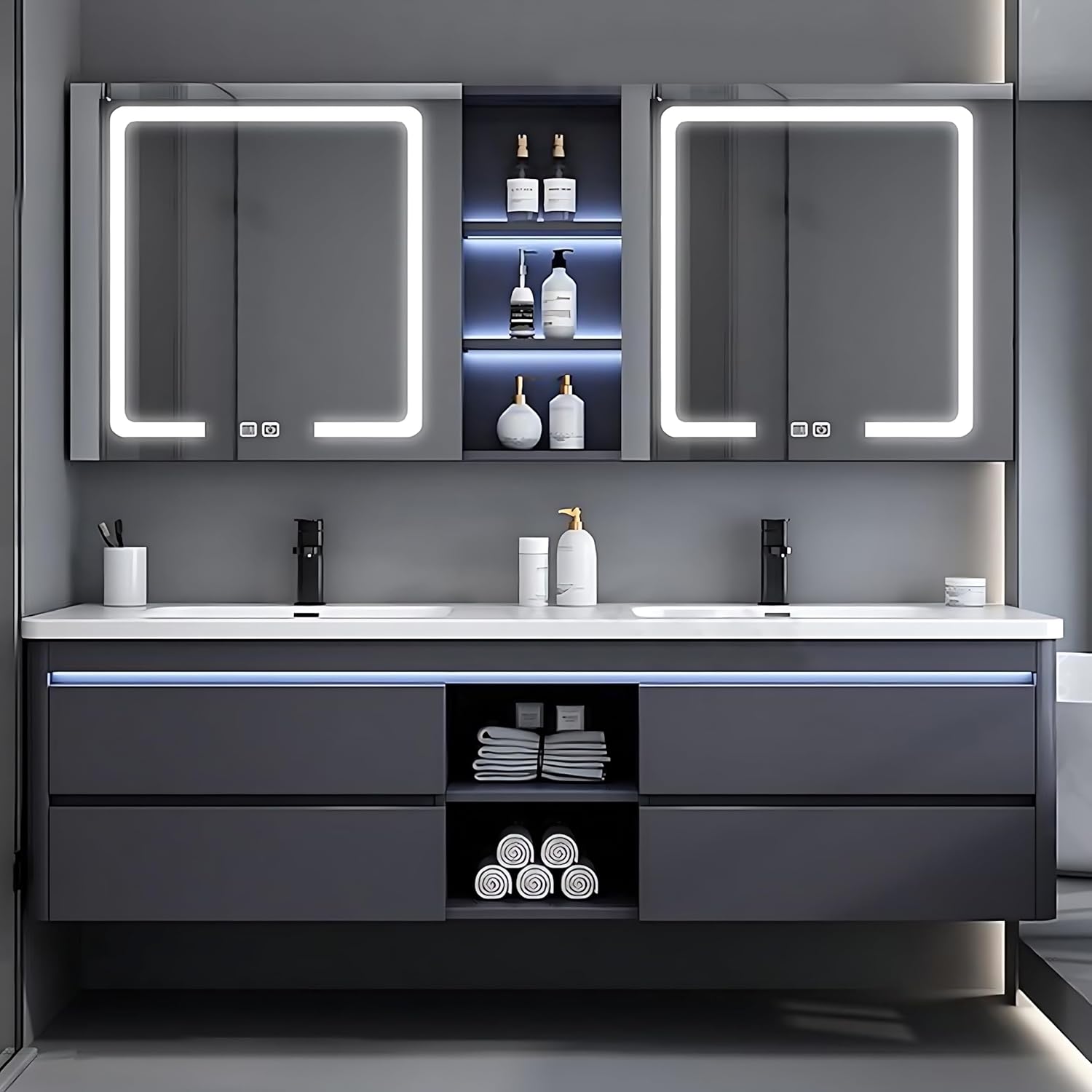 Bathroom Vanity with Sink - Double Sink Bathroom Vanity Cabinet & Smart Mirror Cabinet Set, Wall Mounted Modern Floating Vanity, Suitable for Large Bathrooms (72",White)