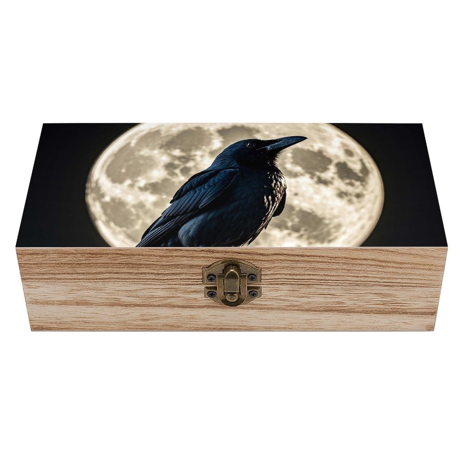 Lpsadgf Black Crow On Full Moon Wooden Storage Box, Decorative Trunk For Keepsakes, Rustic Farmhouse Decorative Boxes With Hinged Lid, Small Jewelry Treasure Chest For Crafts Diy Storage