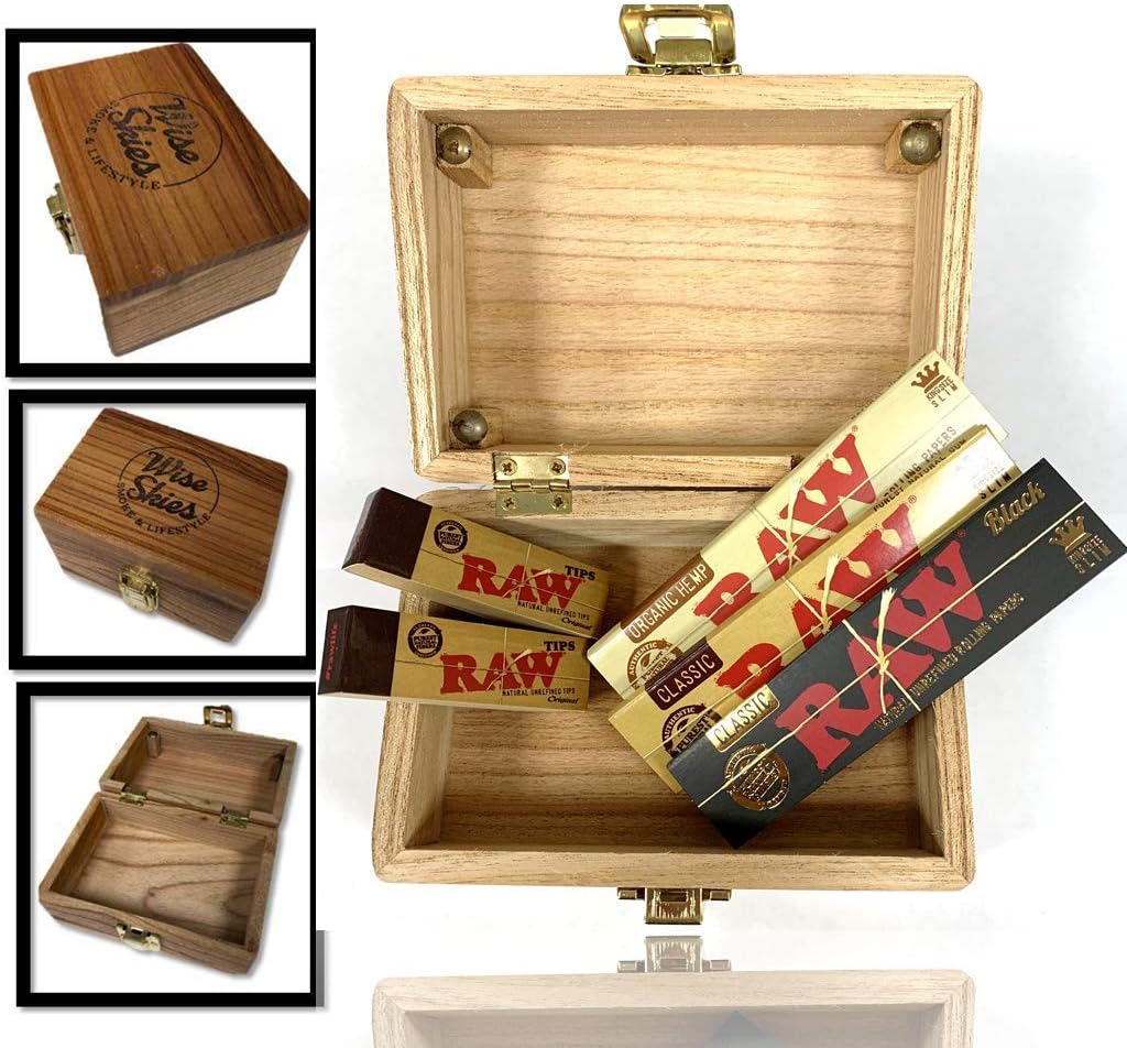 Smoking Stash Wooden Rolling Box Set - Raw Rolling Papers, Black RAW Papers, Raw Roach, Wooden Box