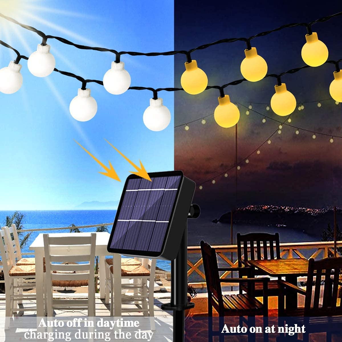 Solarny łańcuch świetlny, 30 diod LED, 6,5 m, łańcuch świetlny solarny, mini kulka, dekoracyjne światła, 8 trybów, wodoodporne/z pilotem zdalnego sterowania, świąteczne lampki USB, do wewnątrz, na zewnątrz, do ogrodu (60 LED 11 m, ciepły kolor)