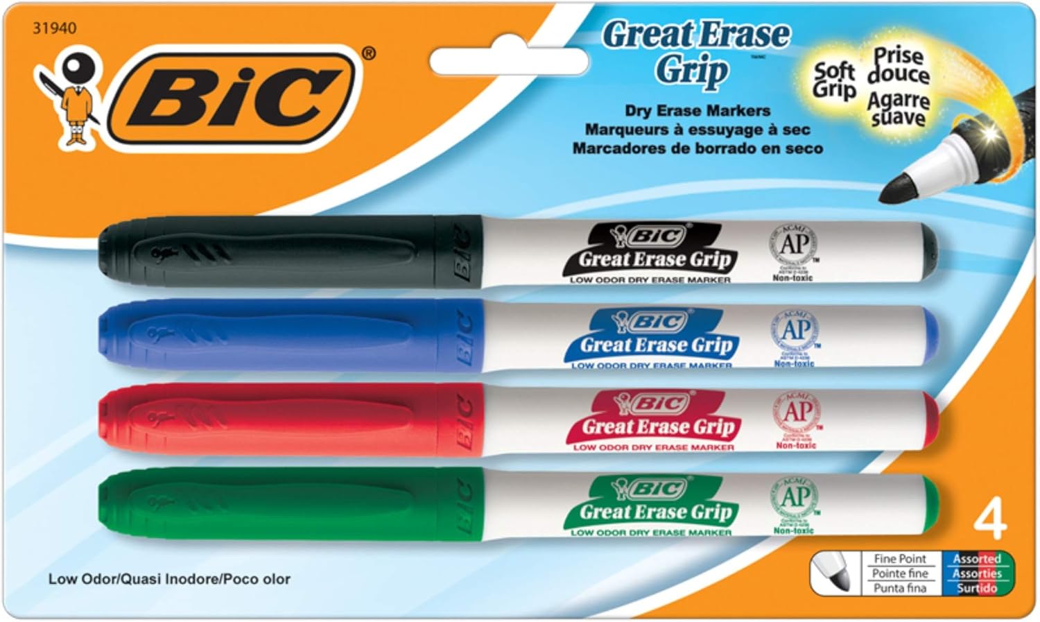 BIC Great Erase Grip Fine Point Dry Erase Marker, Assorted