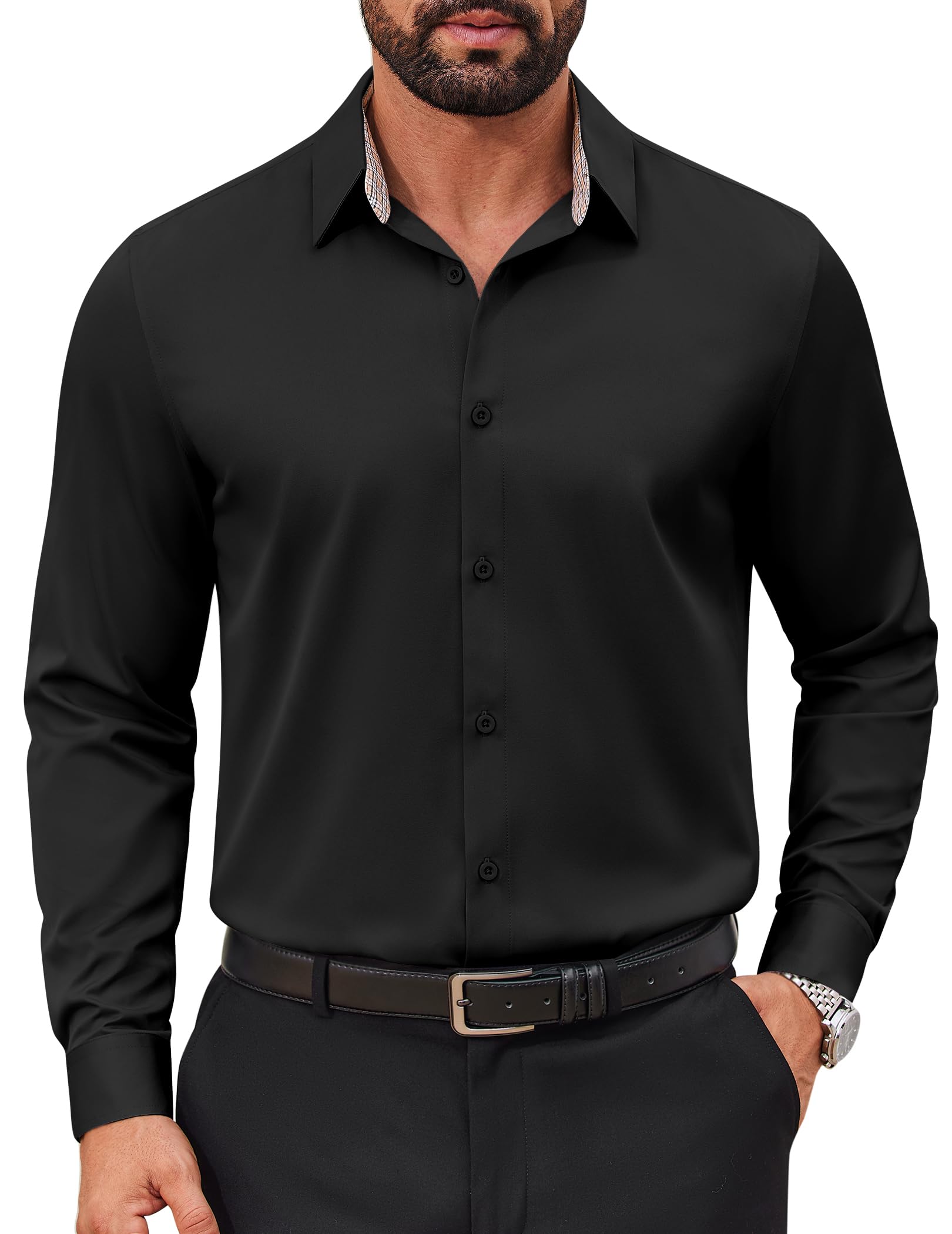 COOFANDY Camicia da uomo a maniche lunghe, elasticizzata | elasticizzata, con bottoni, per il tempo libero, camicia da matrimonio